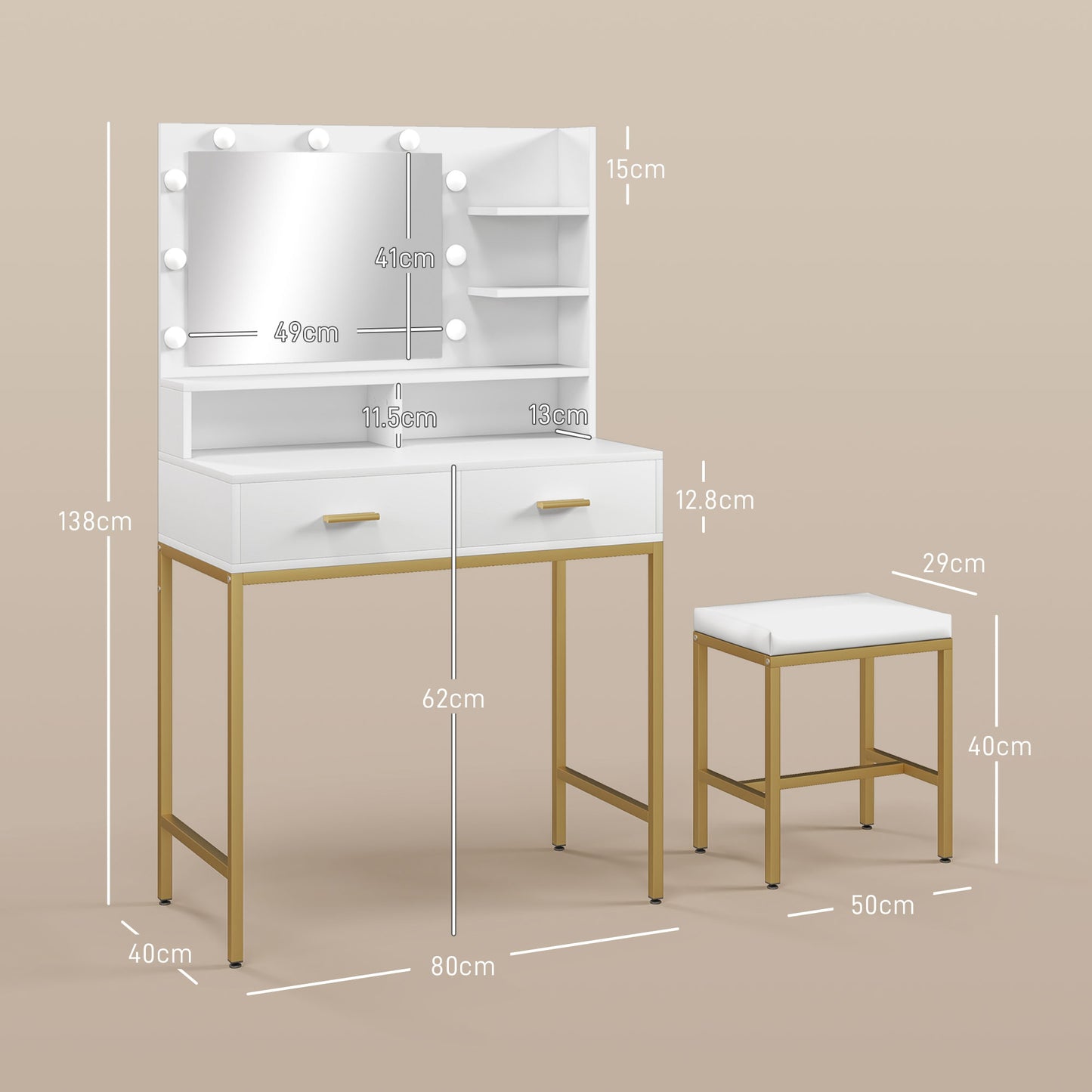 Vanity dressing table with mirror, 2 drawers, 5 shelves and stool, in MDF and chipboard, 80x40x138 cm, White