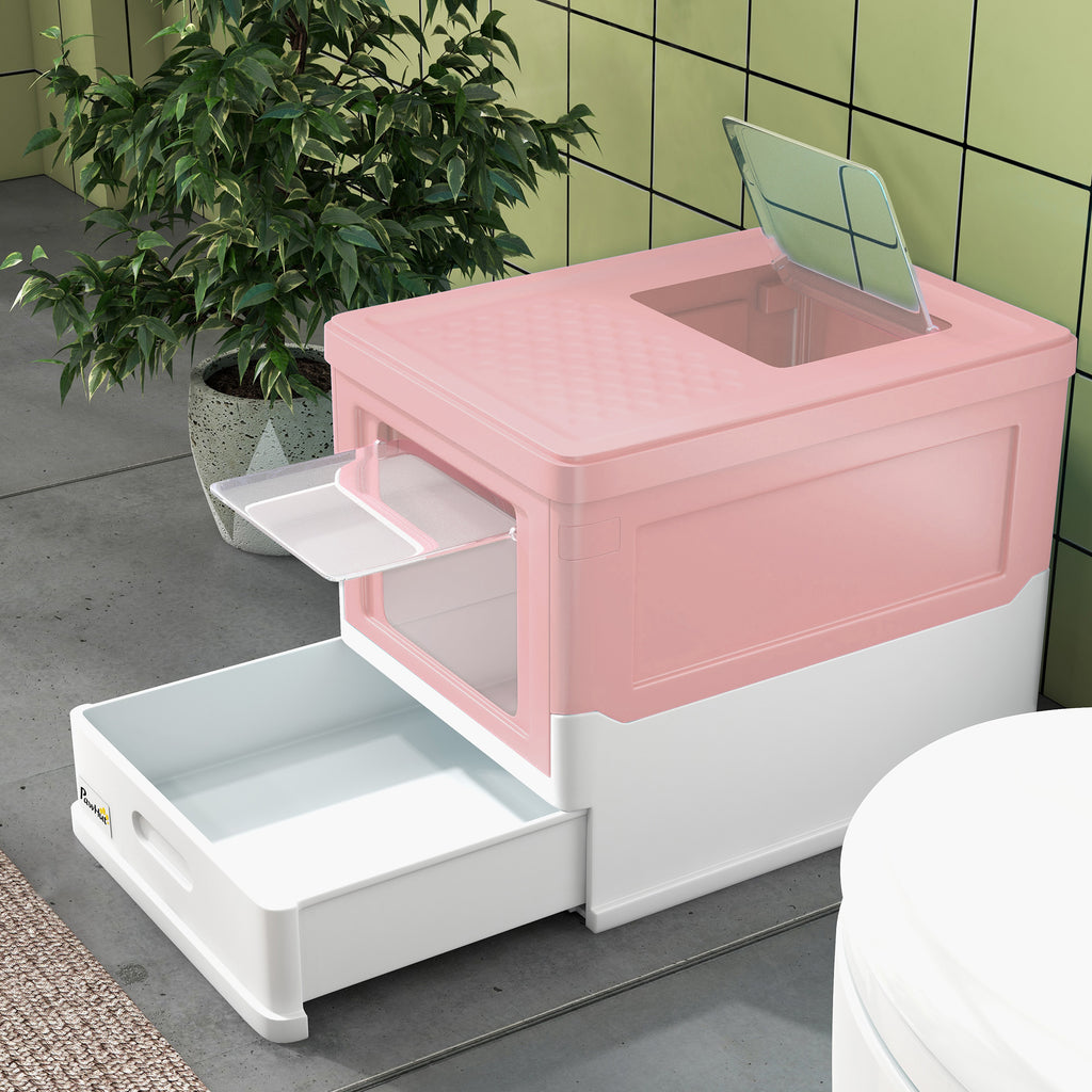 Closed PP Cat Litter Box with 2 Doors with Scoop and Removable Tray, 47.5x35.5x36.7 cm, Pink and White