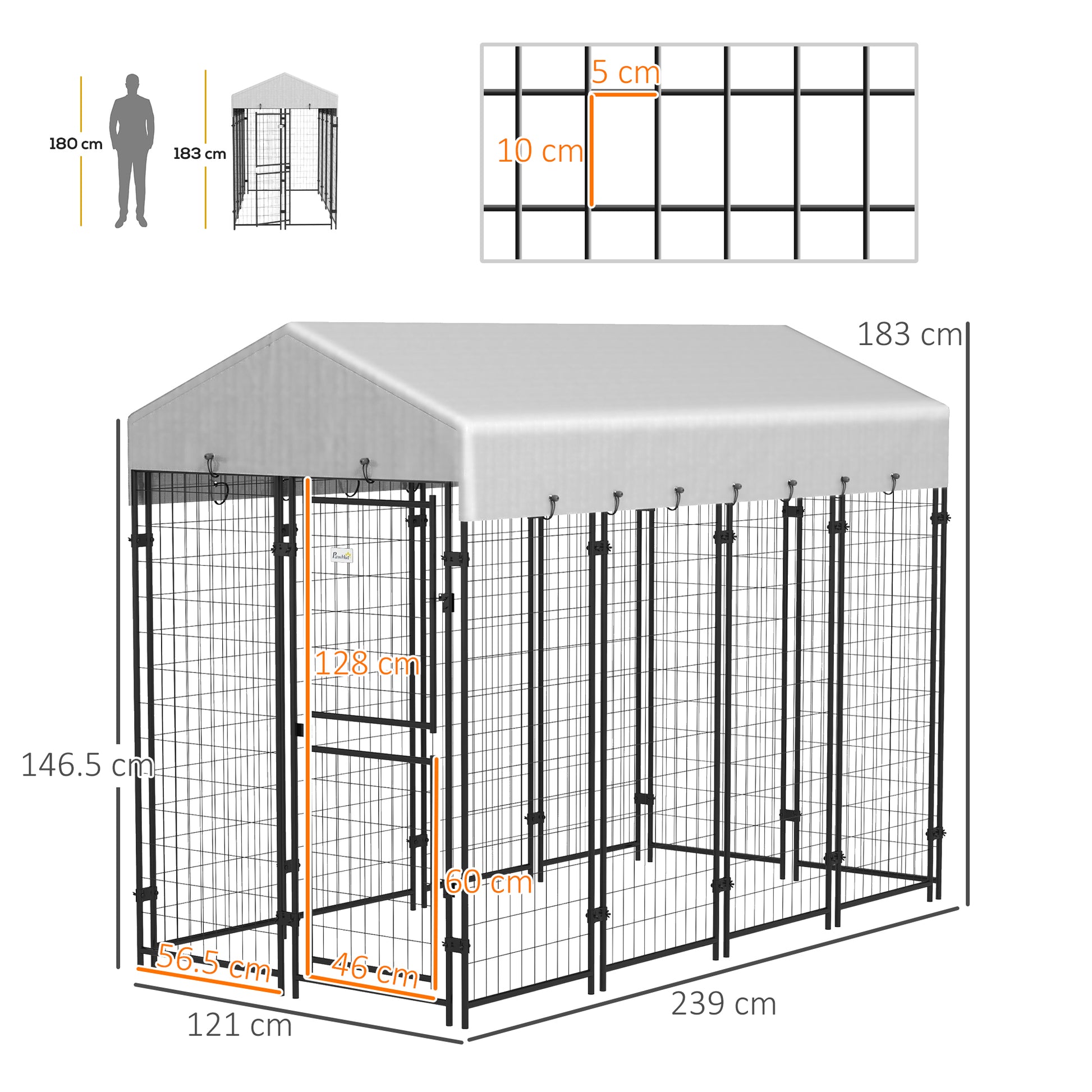 Pawhut Outdoor dog fence with roof and leads to 2 metal sections, 239x121x183cm, silver - Borgè