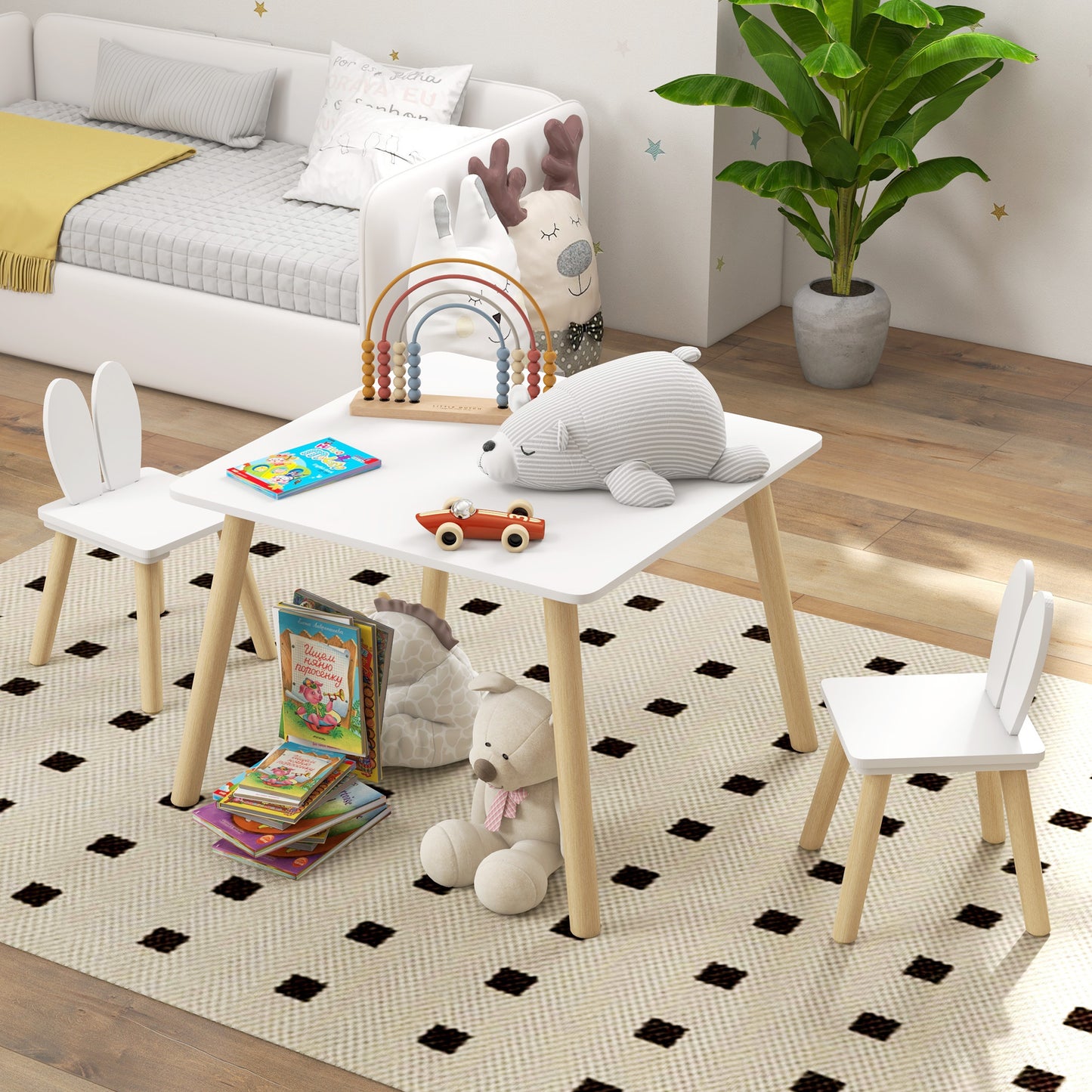 Children's Table and 2 Chairs Set with Rabbit Ear Backrest, Ages 3-6 Years, White