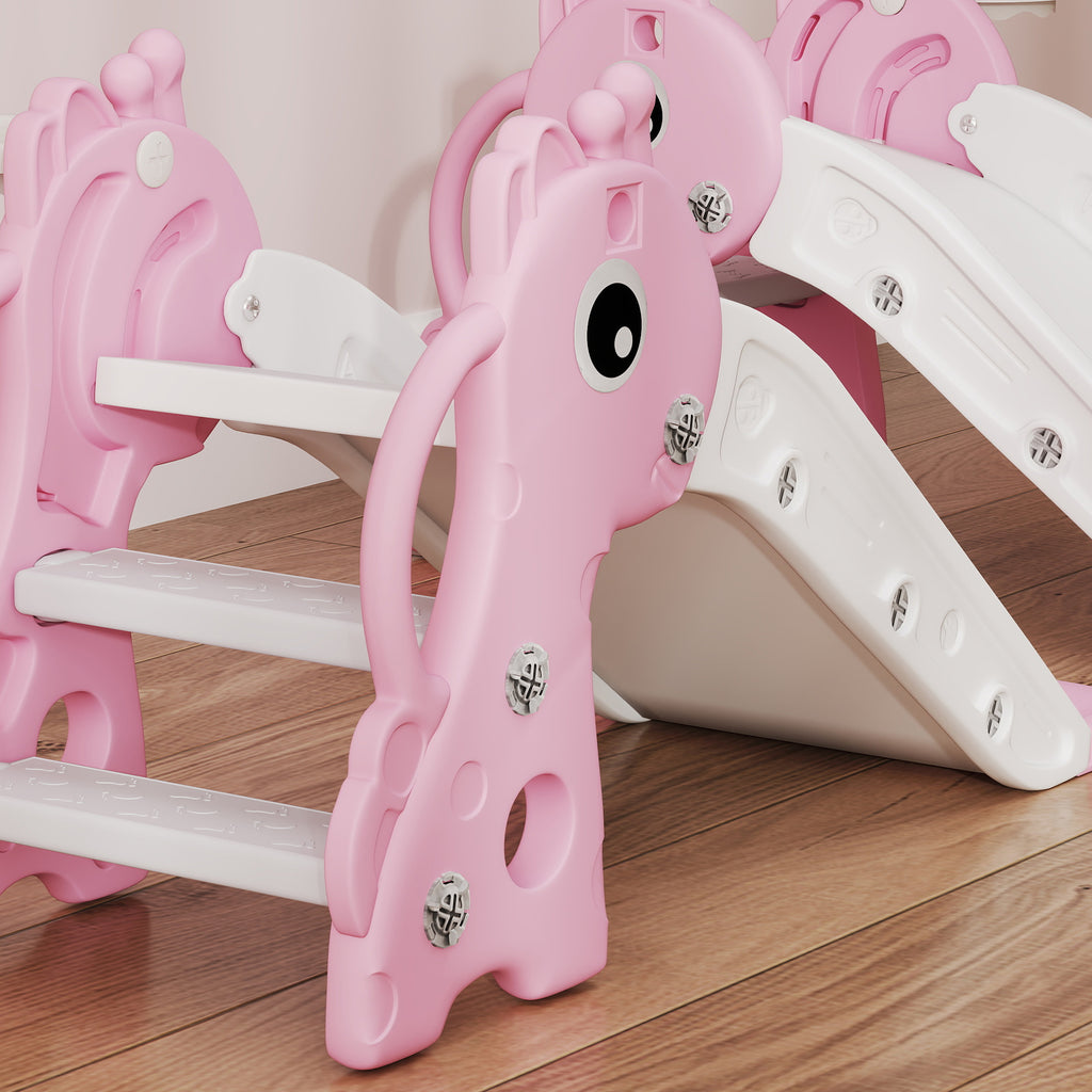 AIYAPLAY Kids Slide with Ladder, Basketball Hoop and Ball, Giraffe Design, for Children 1-3 Years Old, Pink