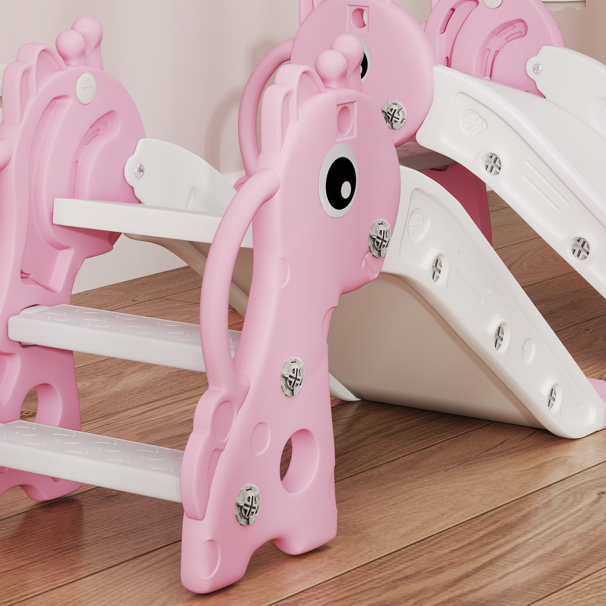 AIYAPLAY Kids Slide with Ladder, Basketball Hoop and Ball, Giraffe Design, for Children 1-3 Years Old, Pink