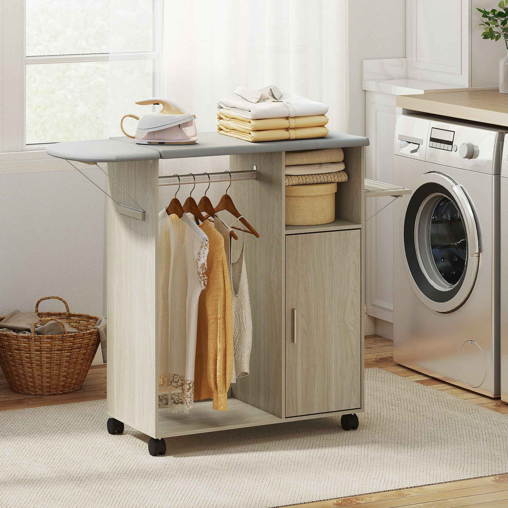 HOMCOM Mobile Ironing Board with Linen Effect Support Surface, 3 Cube Shelves and Rail, 127x42.5x99 cm, Multicolor