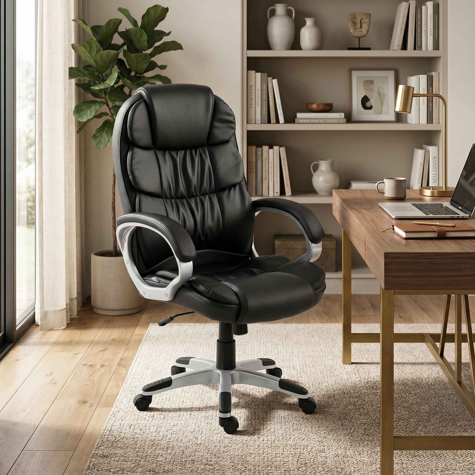 HOMCOM Ergonomic PU Leather Swivel Office Chair with Rocking and Adjustable Height, Black