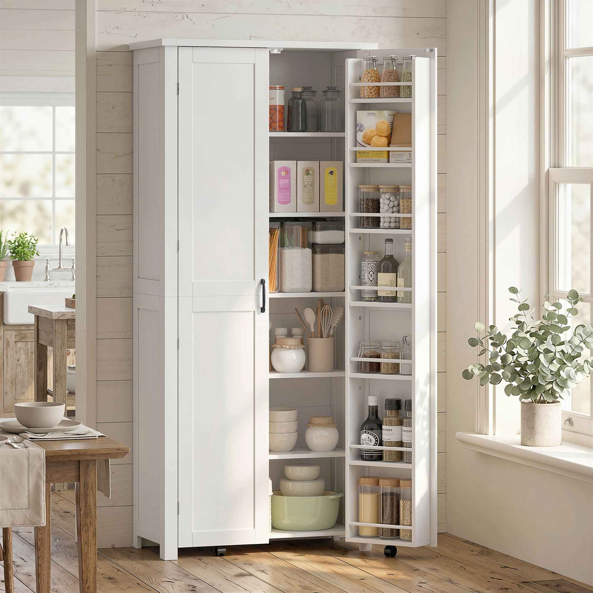 HOMCOM Tall Kitchen Cabinet with Wheels, 2 Doors, 14 Compartments, 80x40x180 cm, White