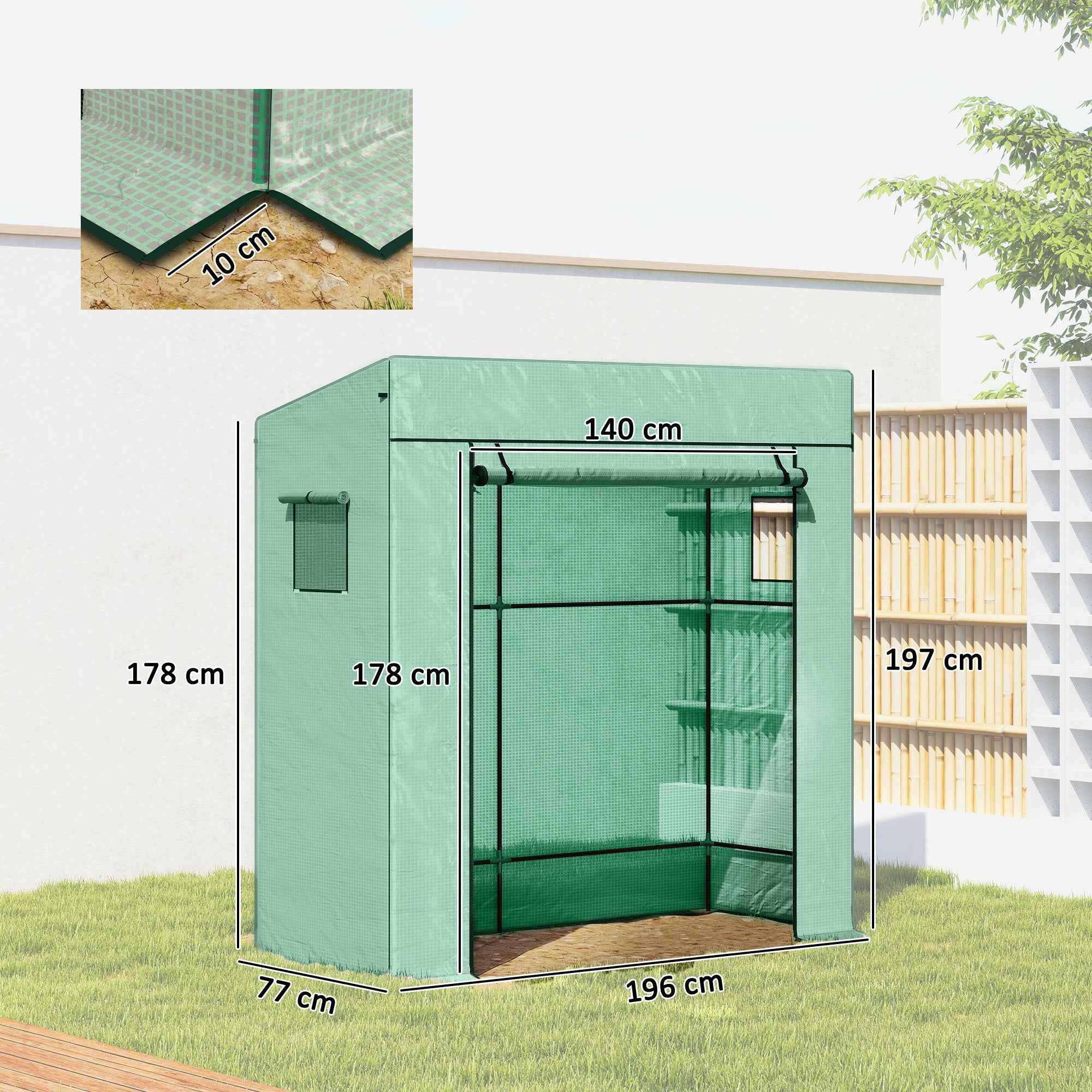 Outsunny Greenhouse for Plants with 2 Side Mesh Windows and Roller Door, in PE and Steel, 196x77x197 cm, Green