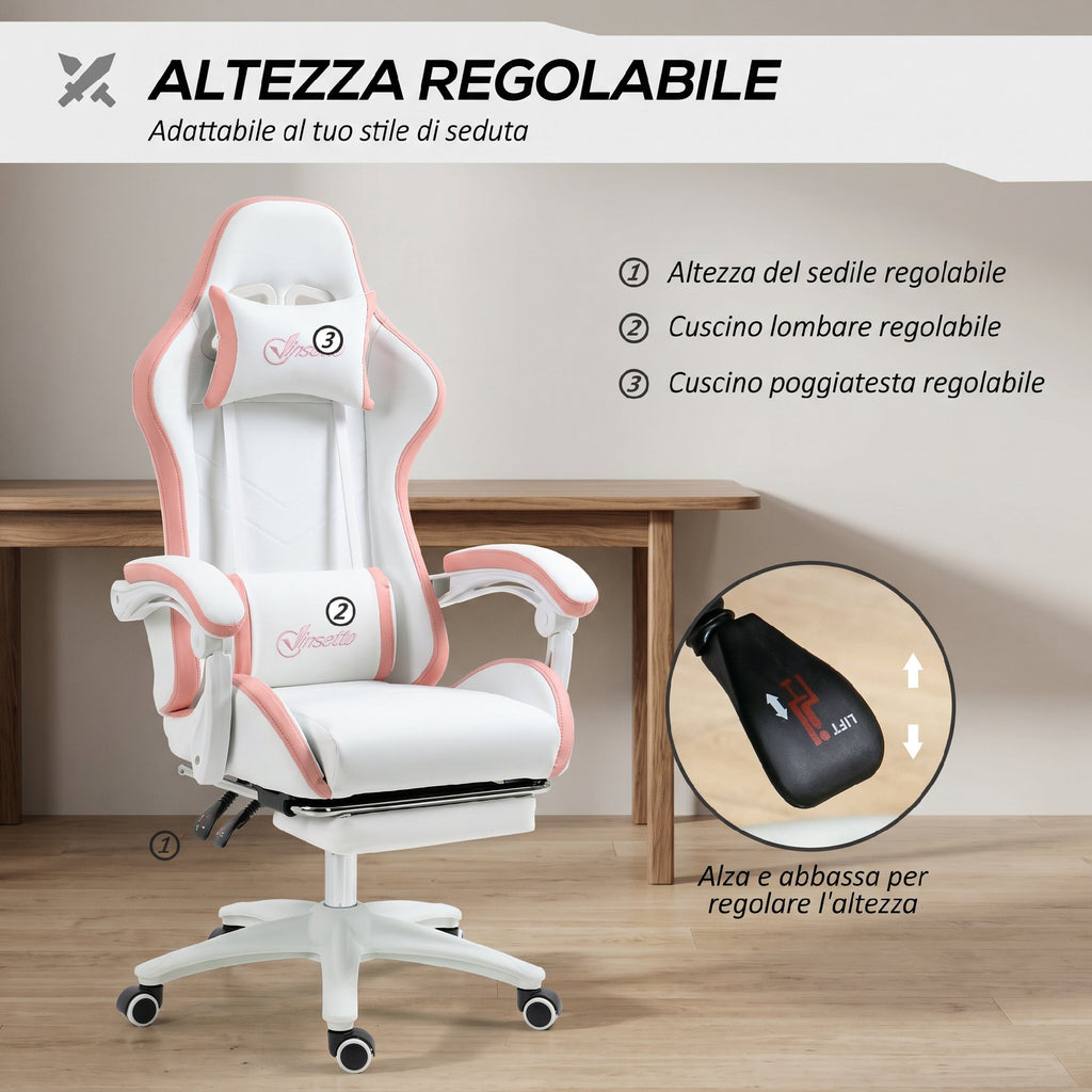 Vinsetto Gaming Chair with Adjustable Height and Reclining Backrest, 65x65x121-129 cm, White and Pink