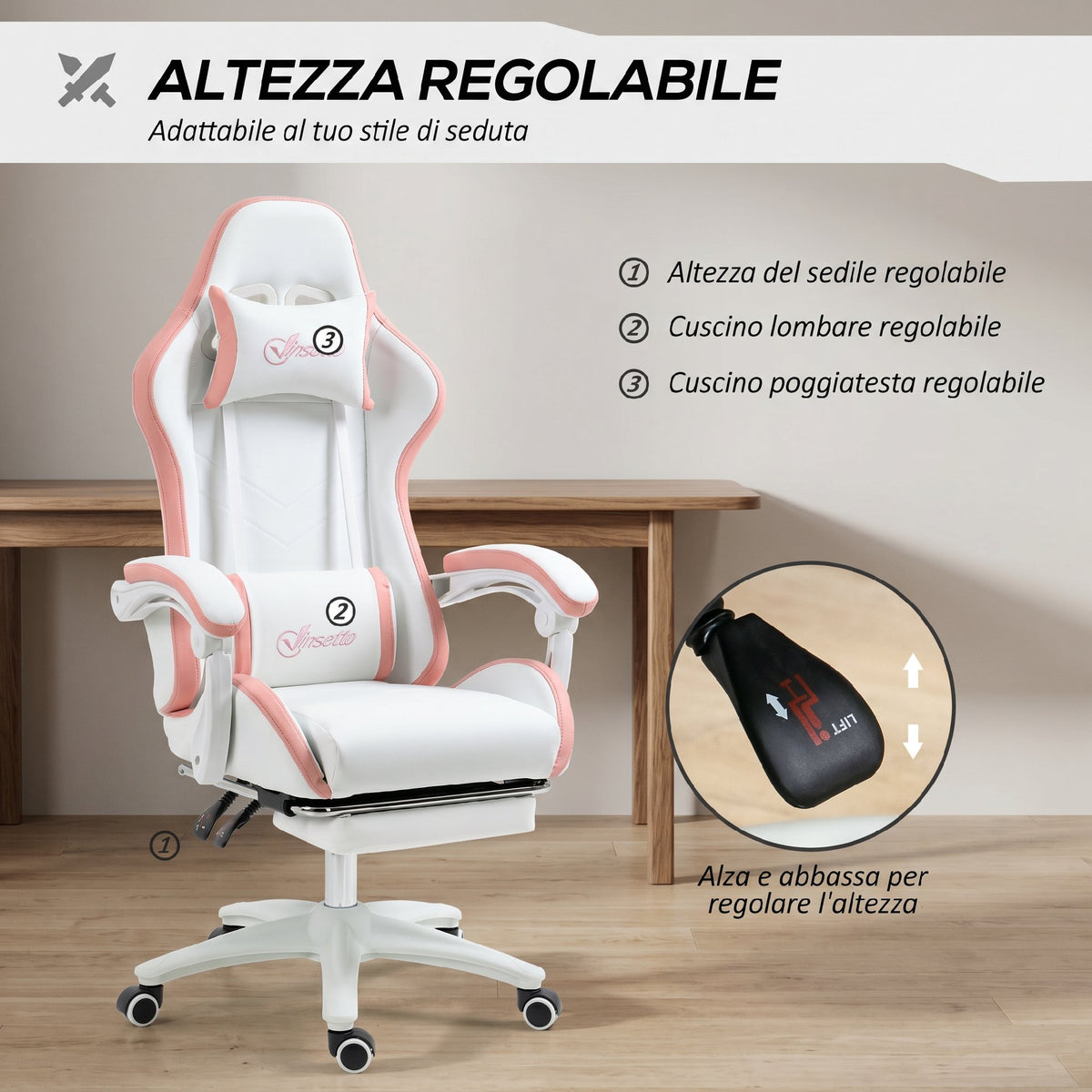 Vinsetto Gaming Chair with Adjustable Height and Reclining Backrest, 65x65x121-129 cm, White and Pink