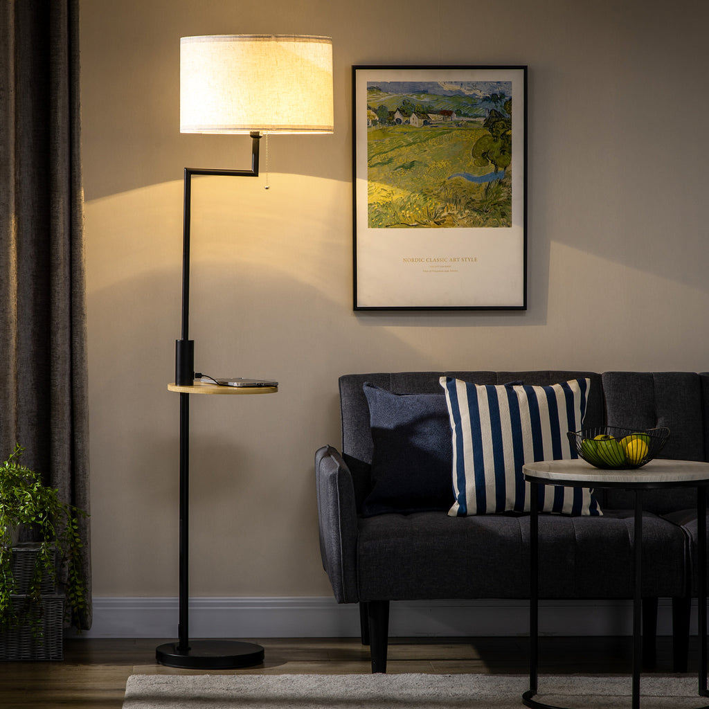 HOMCOM Floor Lamp with Integrated Bamboo Shelf, Linen-Effect Fabric Shade, Steel Base, Black and Beige