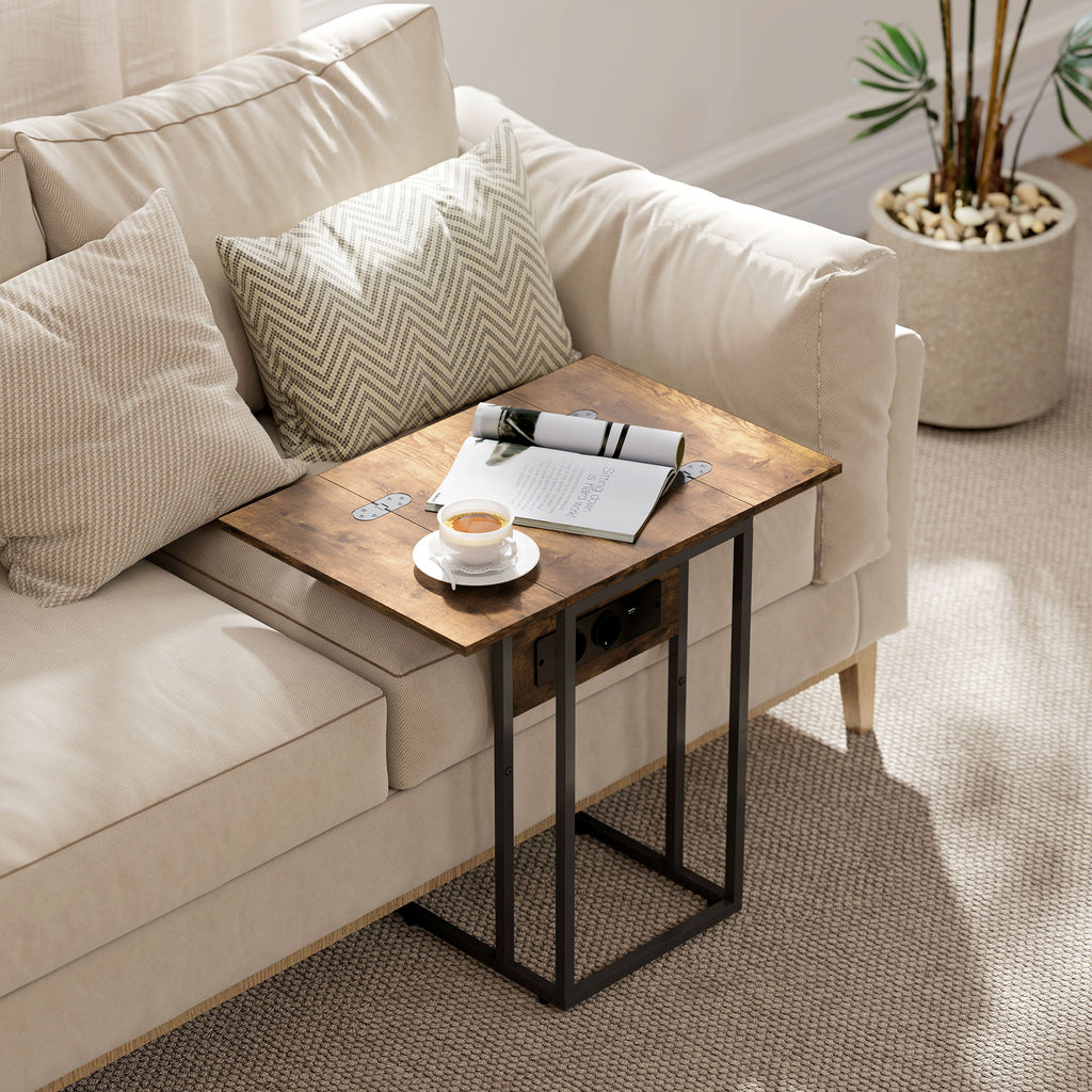 Expandable C-Shaped Coffee Table with 2 Charging Stations, Wood and Metal, 39x29x57 cm, Black and Brown