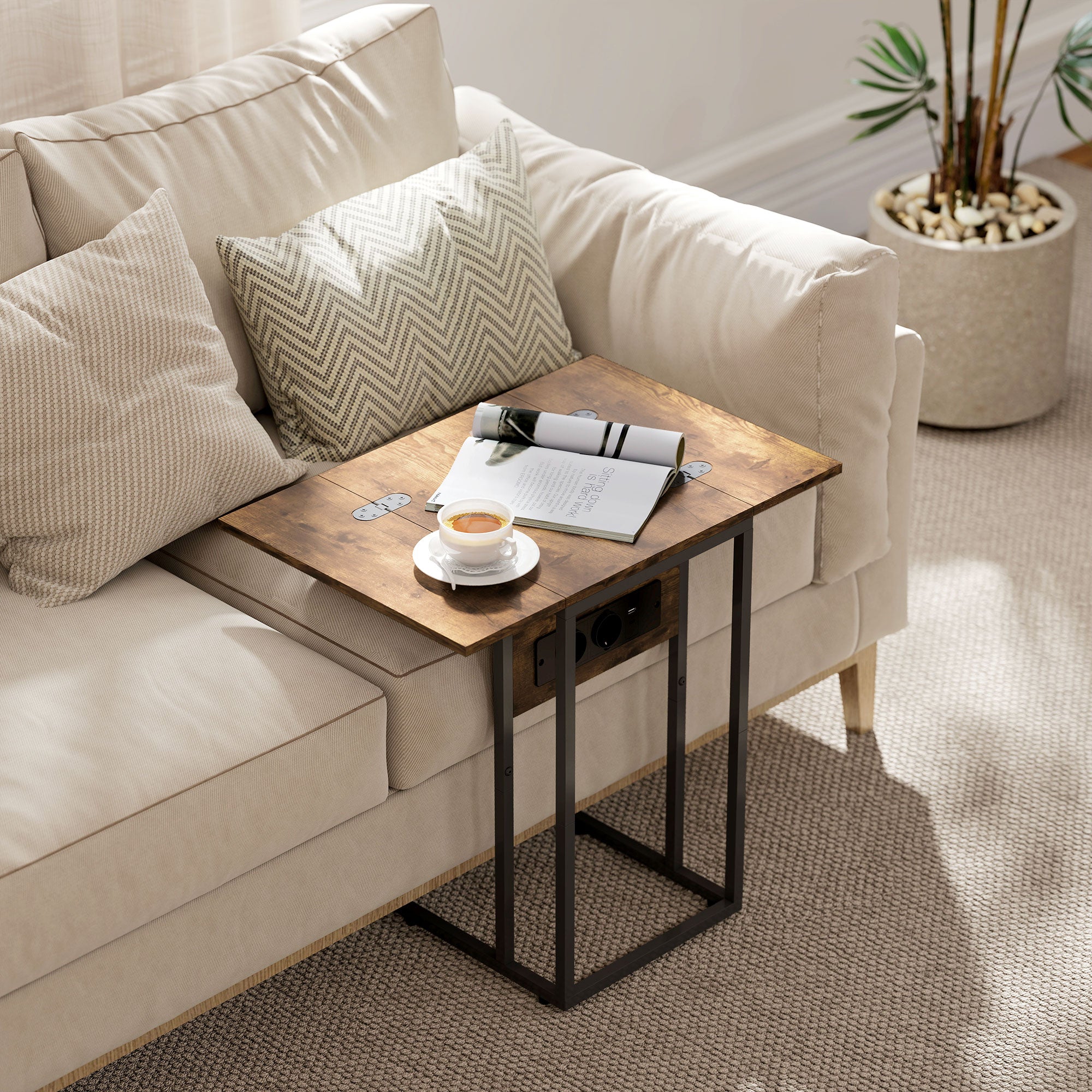 Expandable C-Shaped Coffee Table with 2 Charging Stations, Wood and Metal, 39x29x57 cm, Black and Brown