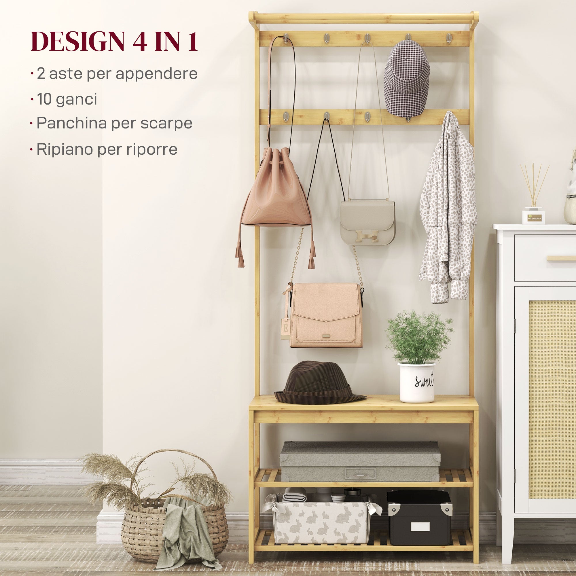 3 in 1 Bamboo Coat Rack with 10 Hooks, 2 Rods and Shoe Bench, 70x31x170 cm, Brown