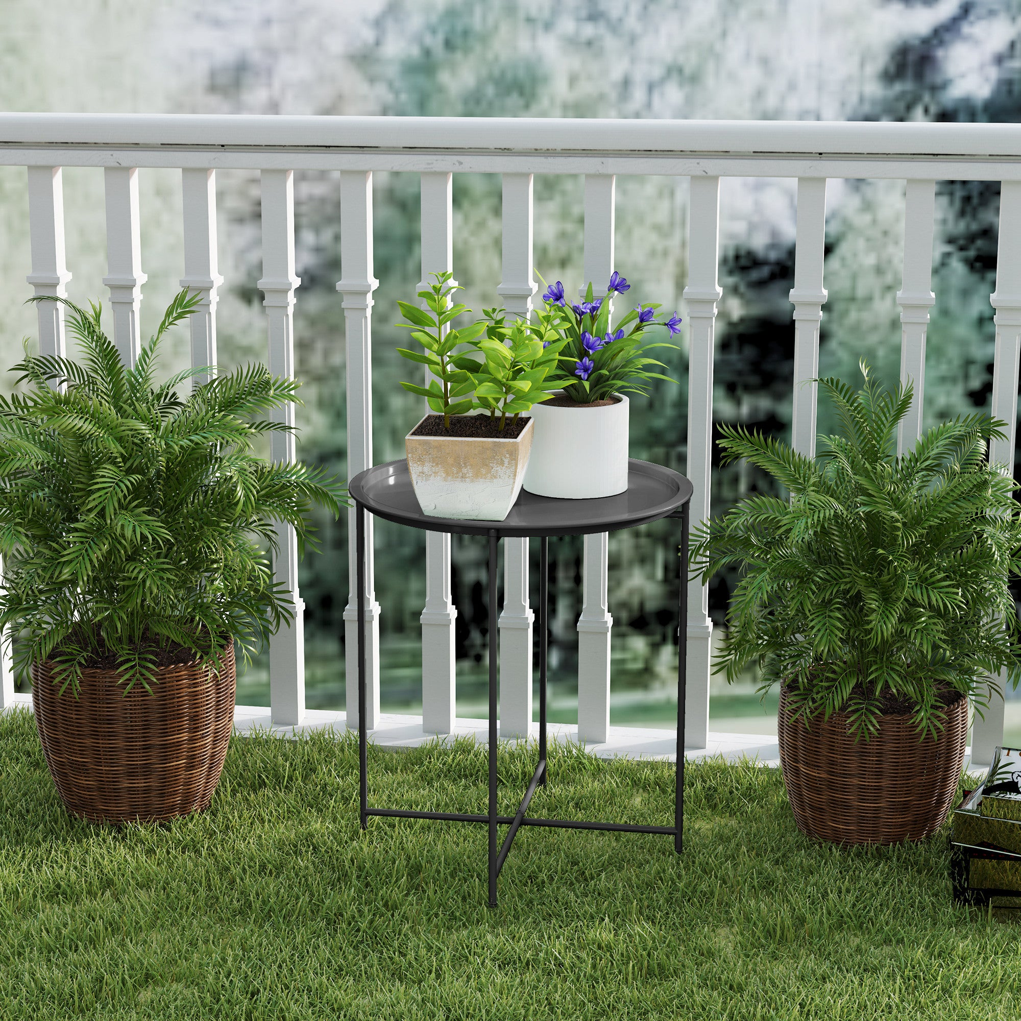 Garden Coffee Table with Removable Tray and Folding Steel Legs, Ø46x50 cm, Black