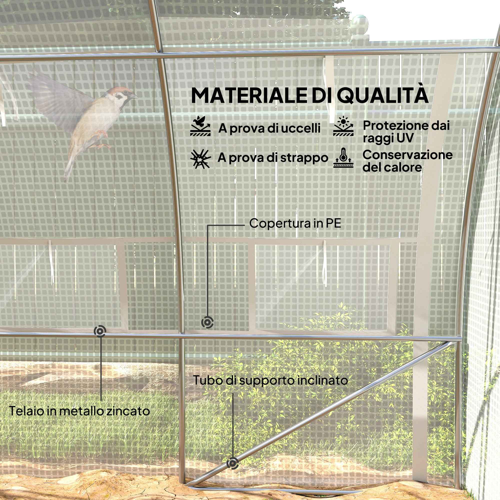 Outsunny Tunnel Greenhouse with Door, Panels and 8 Roller Windows, in Galvanized Steel and PE, 3.97x3x2 m, White