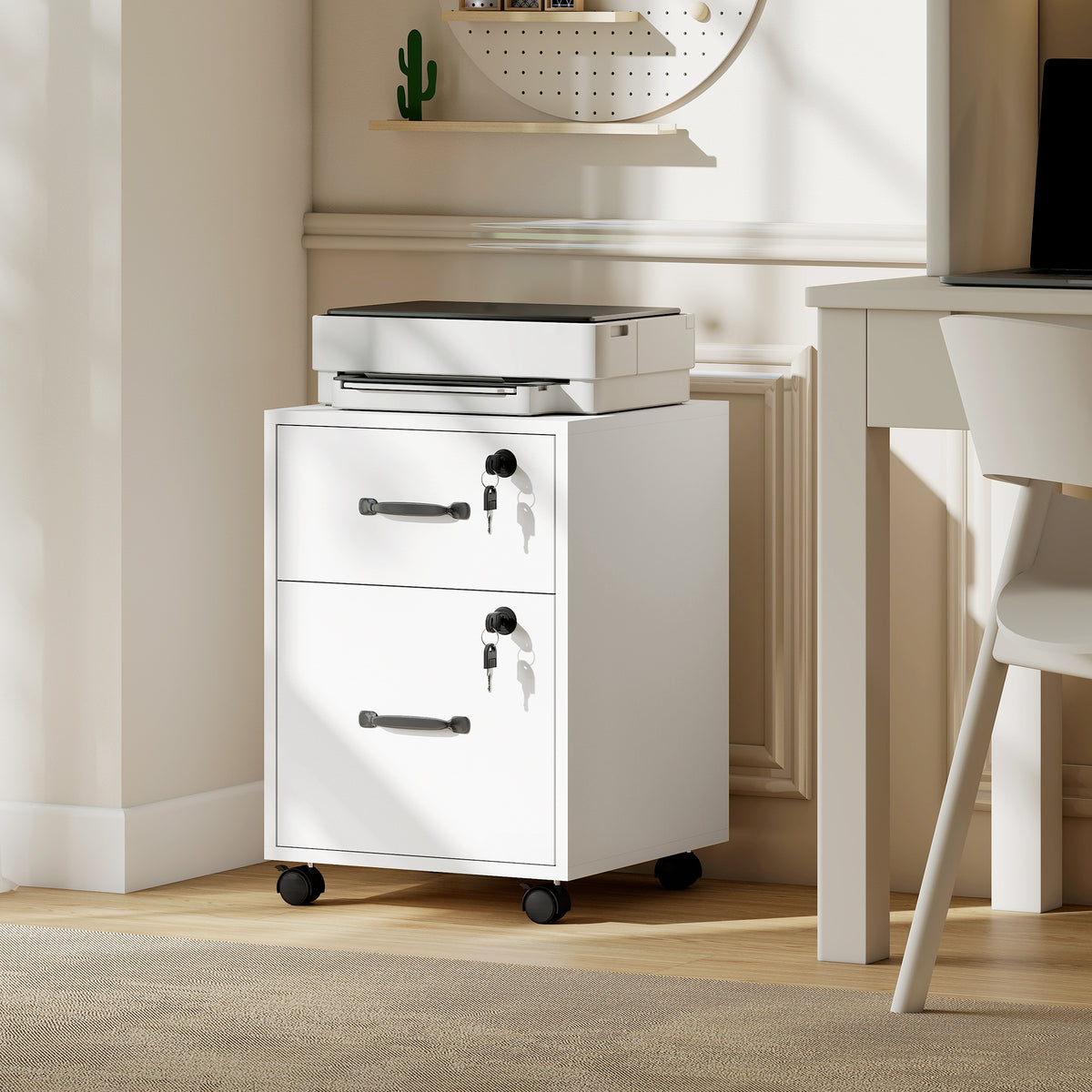 HOMCOM Office Filing Cabinet with 2 Drawers, Lockable Castors, Desk Drawer Unit for Letter/A4 Size, 40x40x54.1 cm, White