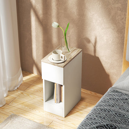 Set of 2 Modern Bedside Tables with Drawer and Wooden Shelf, 20x30x50 cm, White and Oak