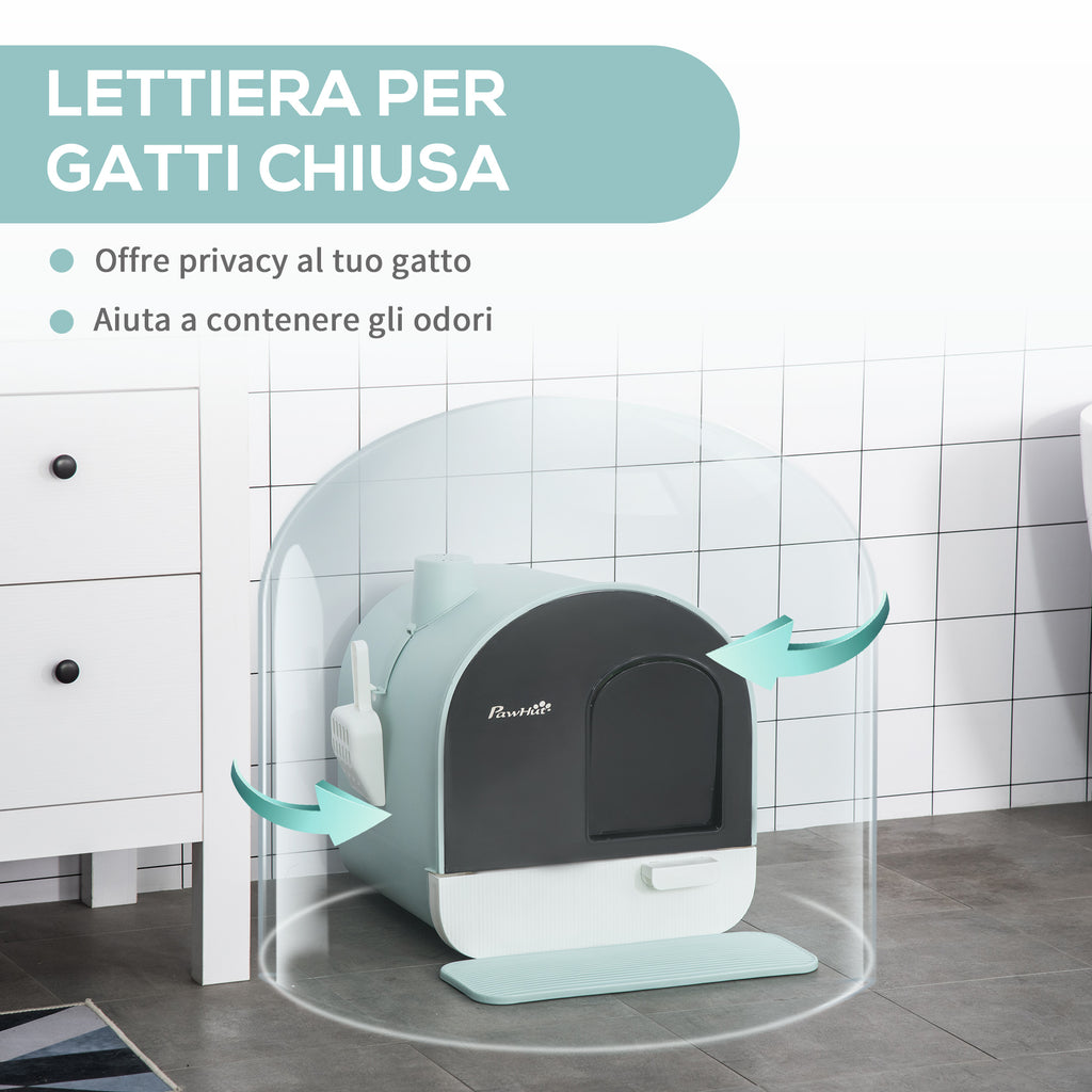Closed Cat Litter Box with Filters, Scoop and Tray, PP Structure, 43x44x47cm, Green