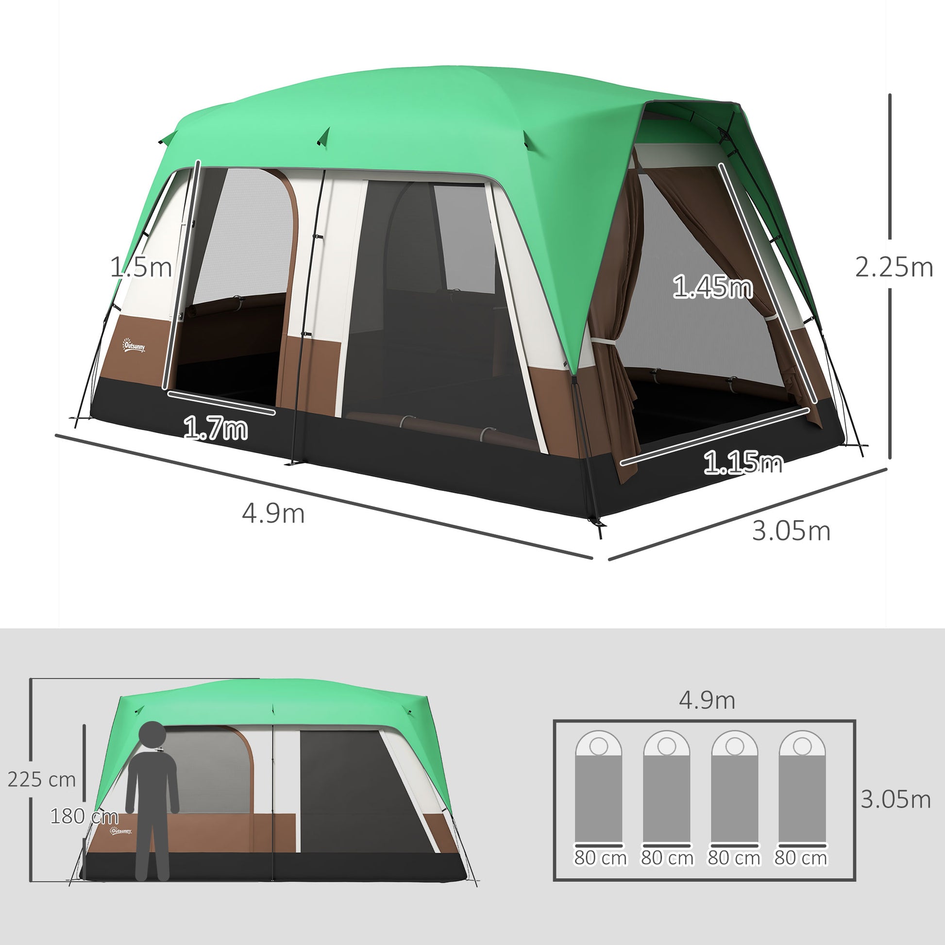 Outsunny 4-Person Waterproof Tunnel Camping Tent with Mesh Windows, Polyester, 490x305x225 cm, Green - Borgè