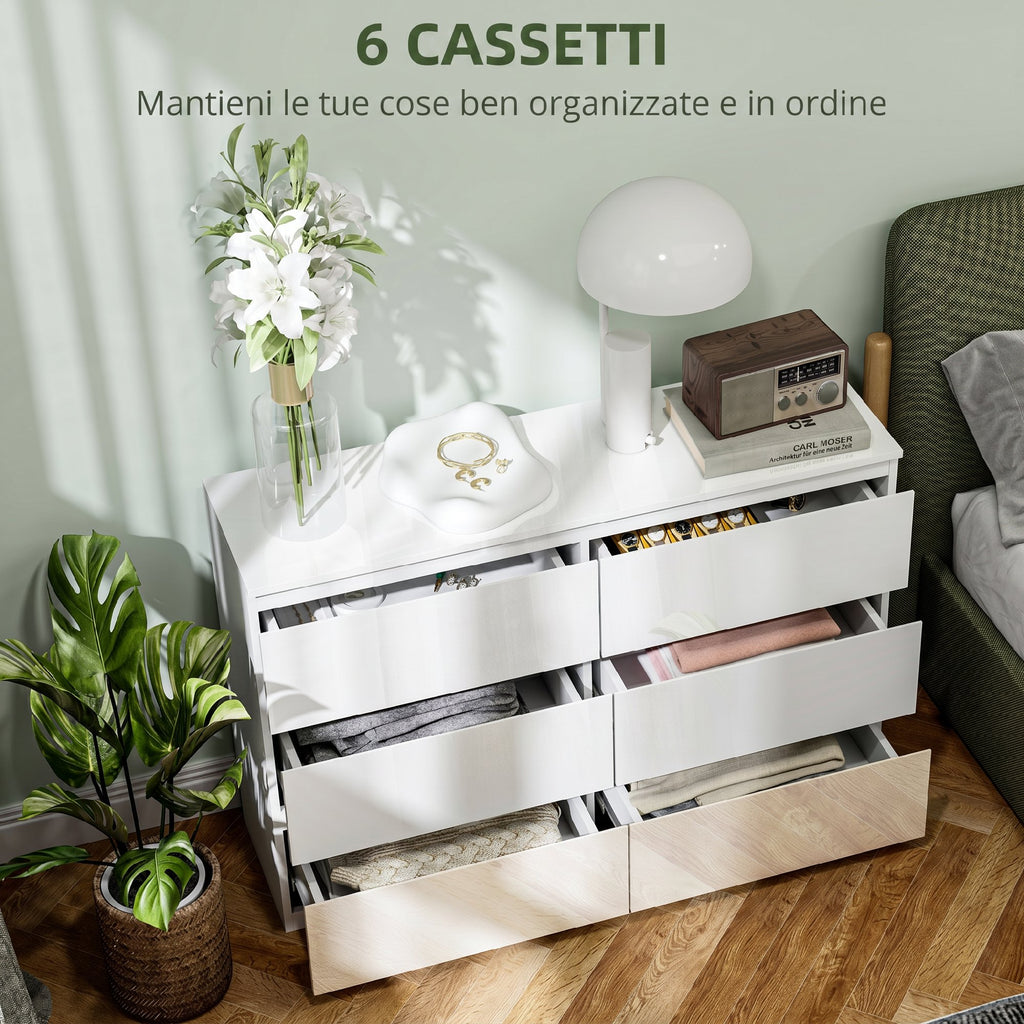 HOMCOM 6-Drawer Wooden Chest of Drawers, Modern and Multipurpose Bedroom Dresser, 112x34x75 cm, White