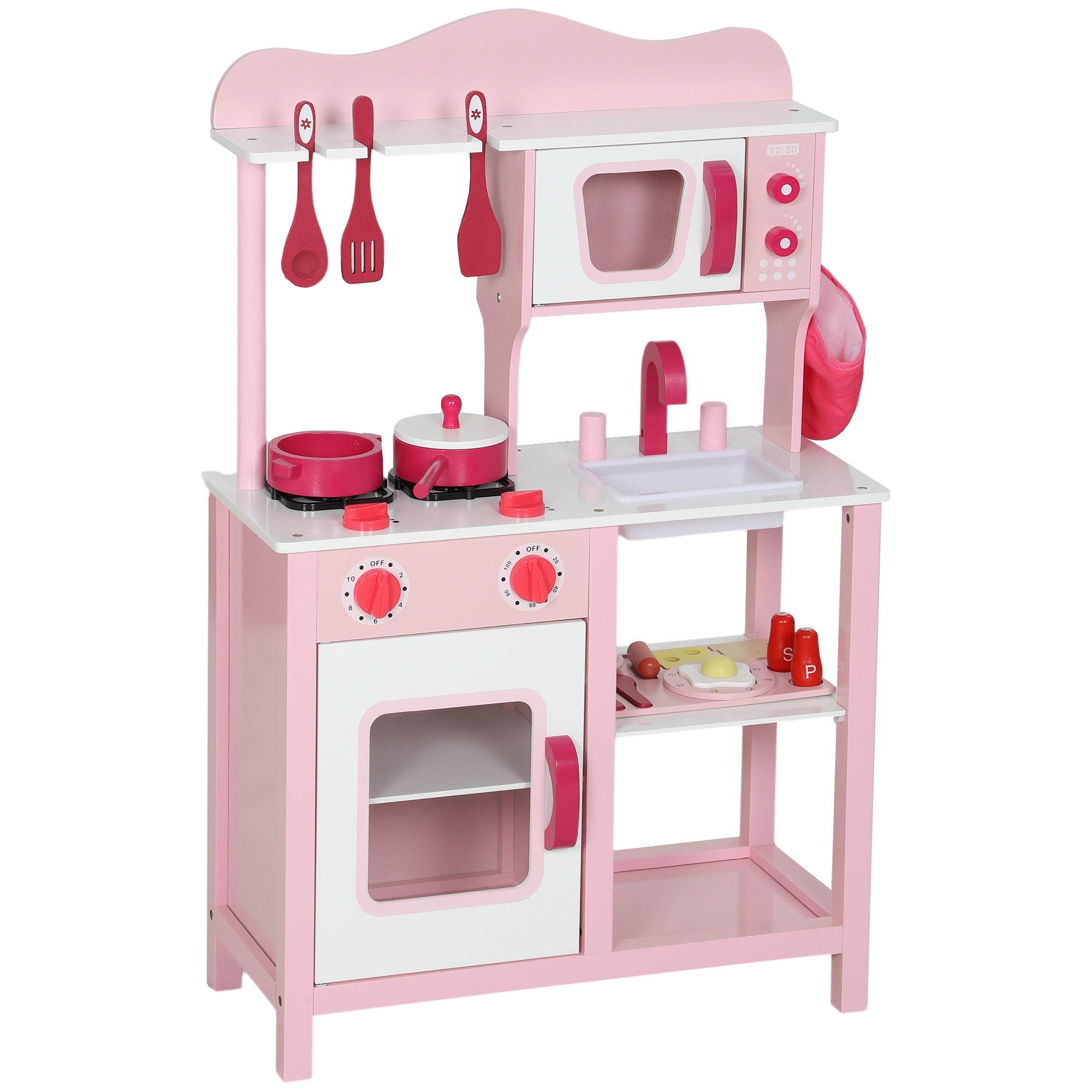 Toy Kitchen for Children 3+ Years with Microwave, Hob and Sink, Made of Wood, 55x24x86 cm, Pink