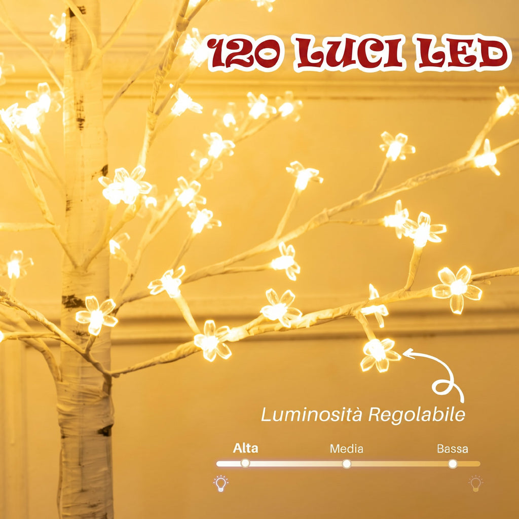 HOMCOM 150cm Tall Cherry Blossom Tree with 120 LED Lights and 3 Brightness Levels for Indoor and Outdoor Use, White
