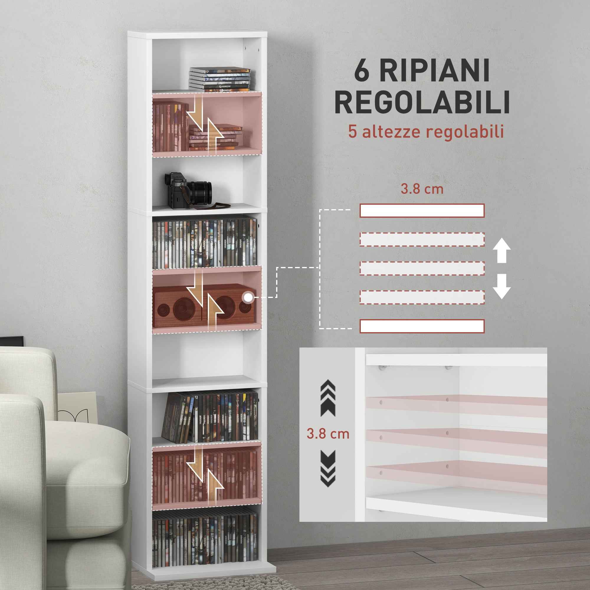 HOMCOM CD Rack with 6 Adjustable Shelves, 260 CDs/120 DVDs Capacity, 33x24x140 cm, White