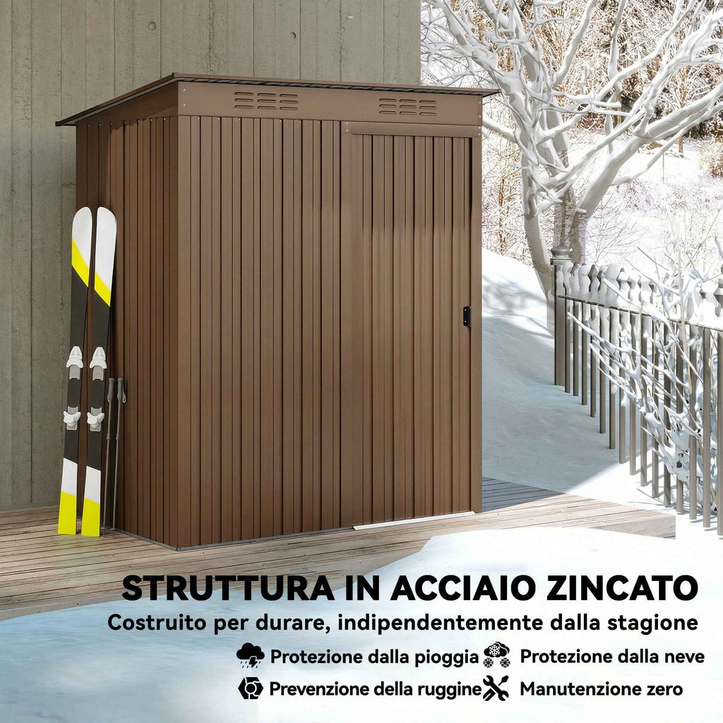 Outsunny Metal Garden Shed with Vents and Sliding Door, 159x106x181 cm, Brown