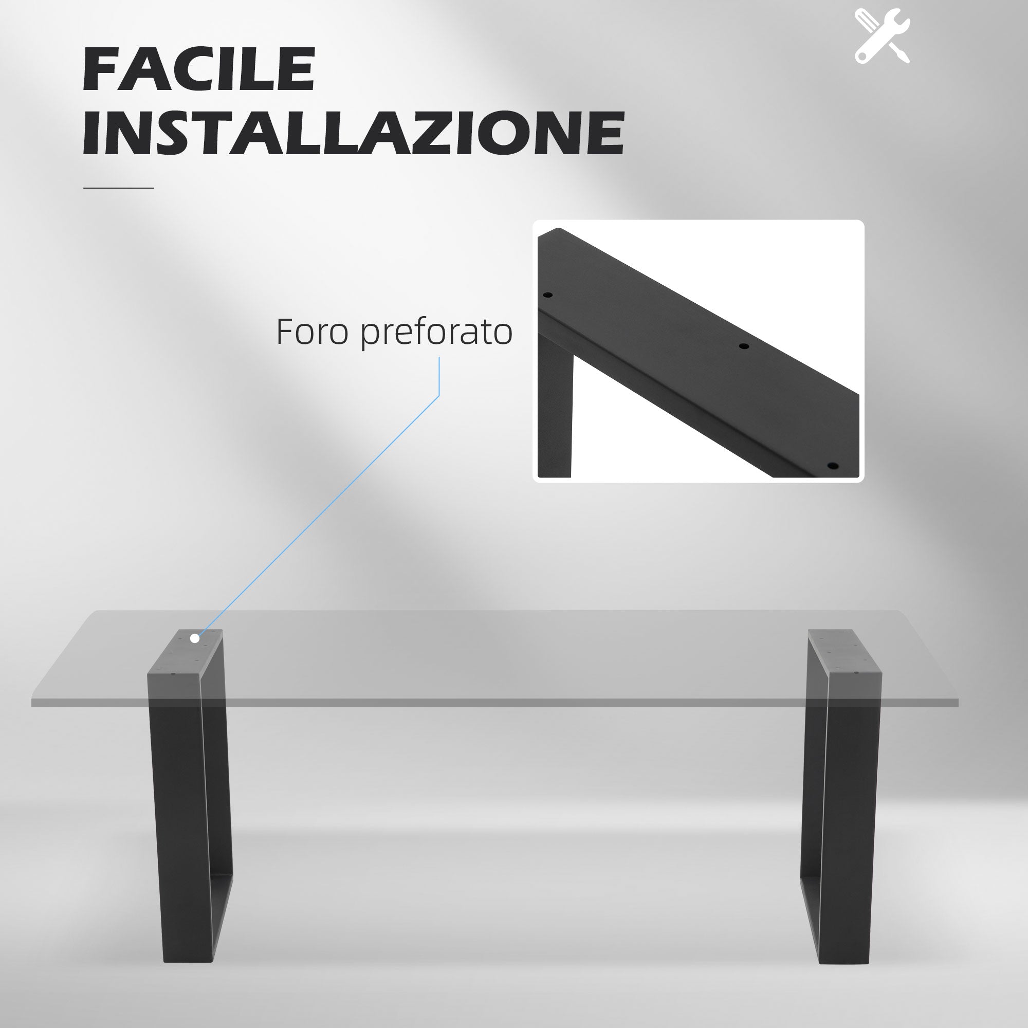 HOMCOM Set of 2 Industrial Style Rectangular Steel Coffee Table Legs, 60 kg Capacity, 70 x 8 x 41 cm, Black