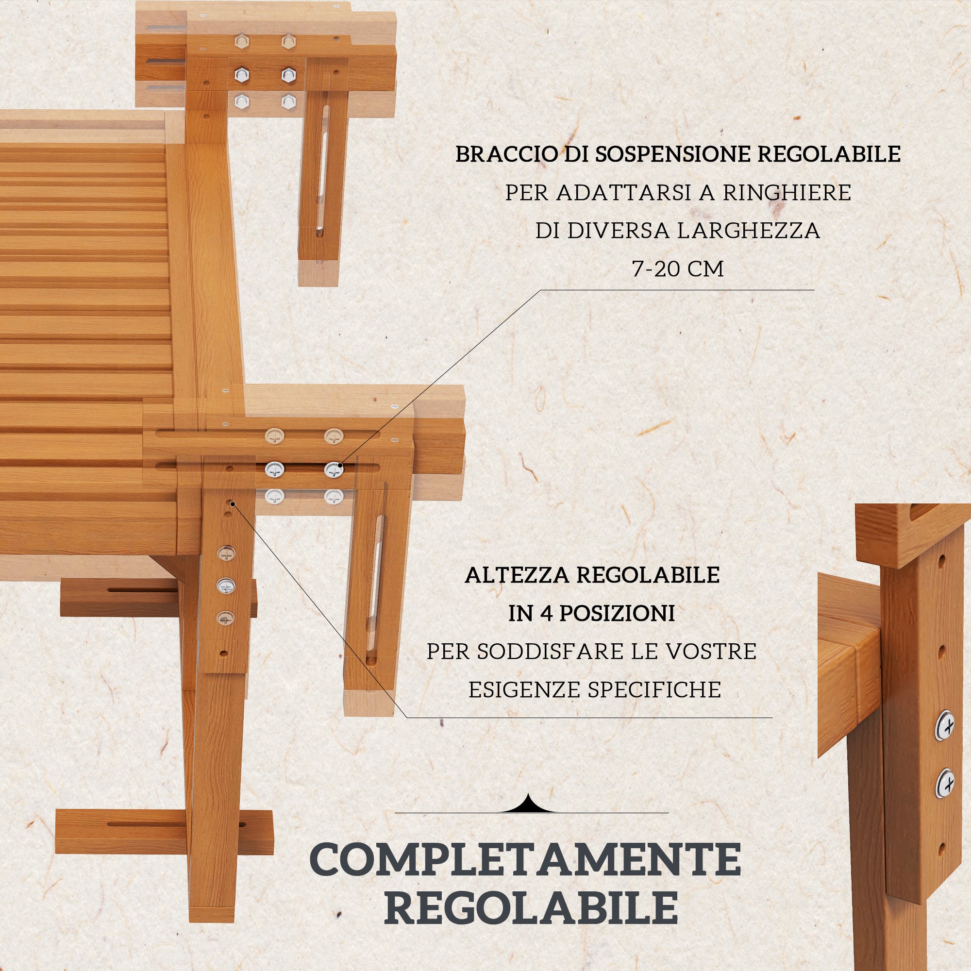 Folding and Adjustable Balcony Railing Table in Wood, Teak Colour - Borgè