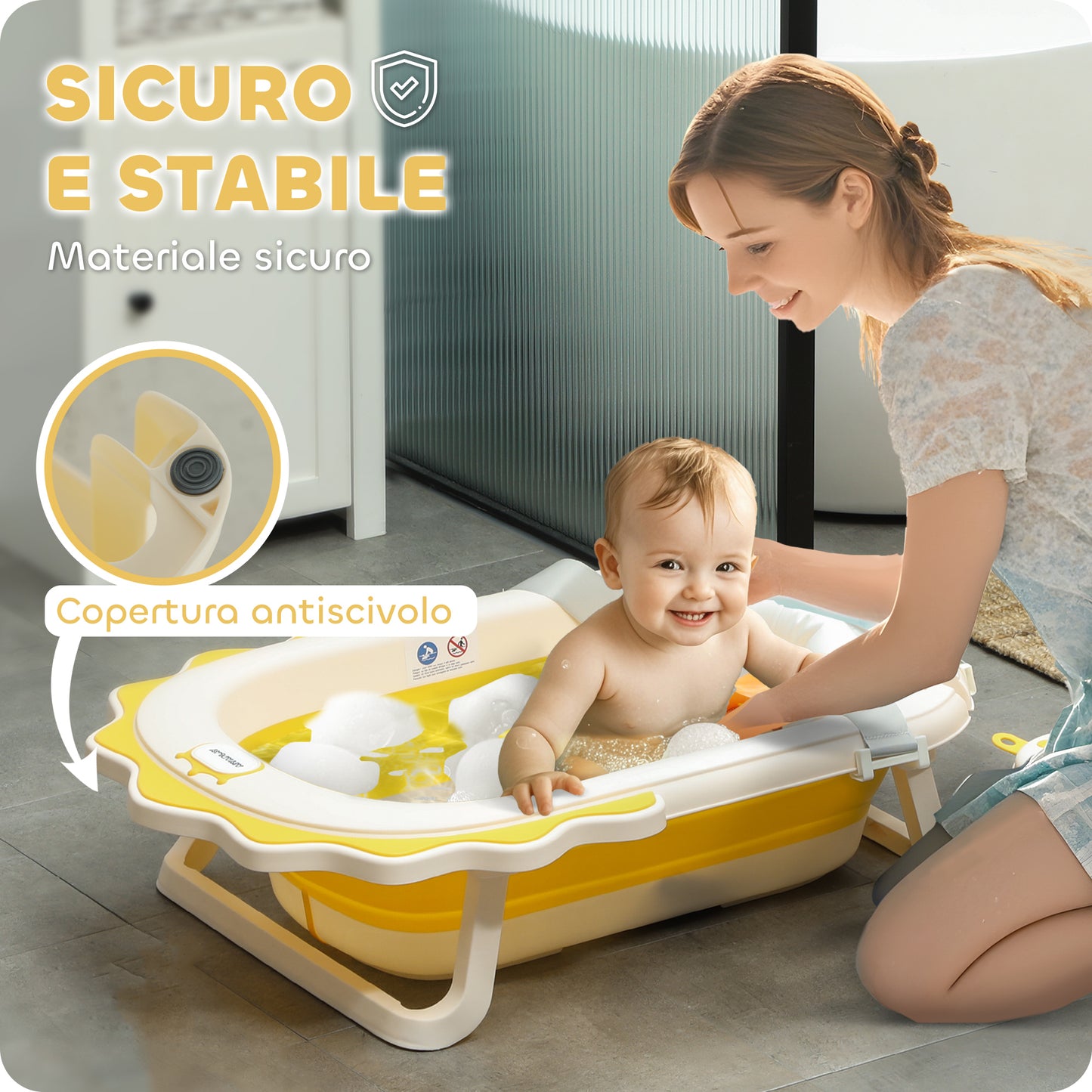 Foldable Baby Bath Tub with Pad and Washbasin, Non-Slip Plastic, 80.5x55x20 cm, Yellow