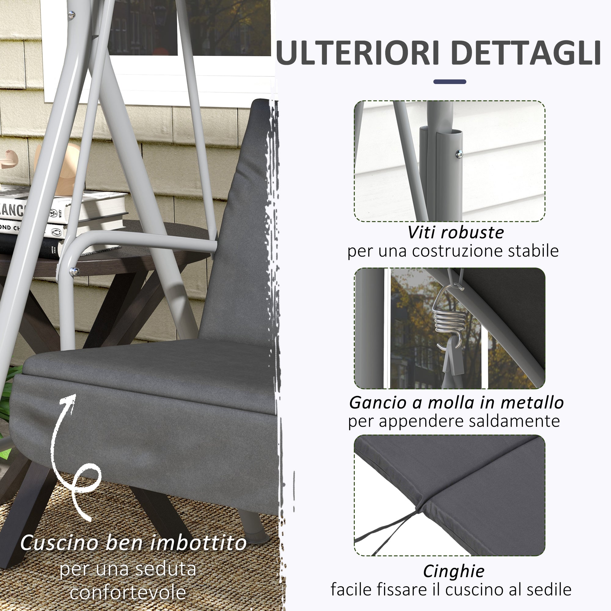 Outsunny 2-seater swing with coffee table and cup holder, in metal and polyester, 175x110x165 cm, gray - Borgè