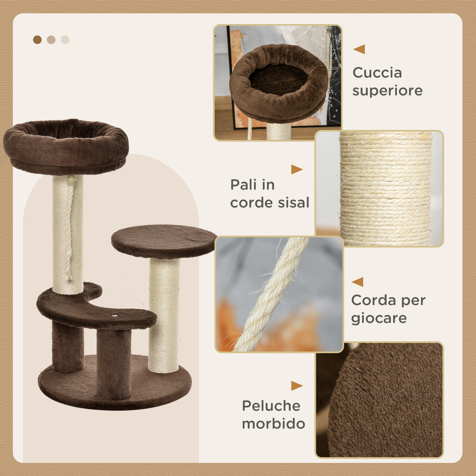 3-Tier Cat Scratching Tree with Plush Bed and Sisal Poles, Ø40x65 cm, Brown