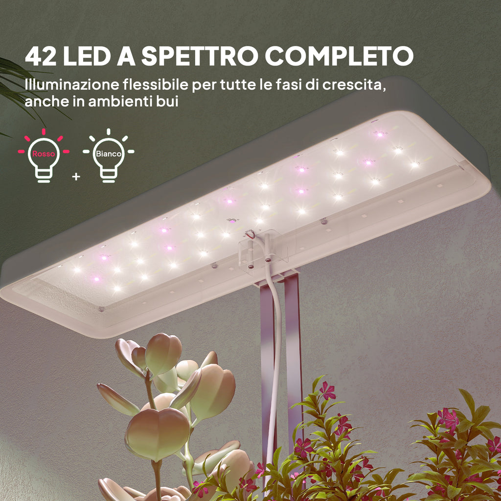 42 LED Plant Lights with 3 Pots, Timer and Dimmable Lighting, 45x18.8x47.8 cm, White