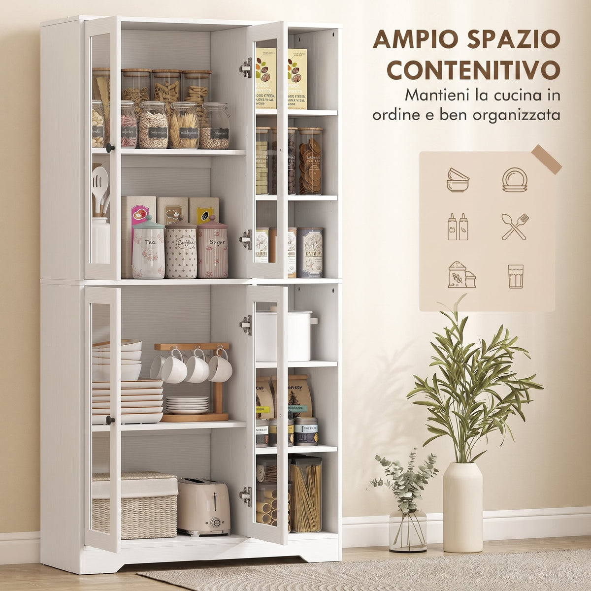 HOMCOM Tall Kitchen Sideboard, Pantry Cabinet with 4 Soft-Close Glass Doors, 6 Open Shelves, Adjustable Shelves, White