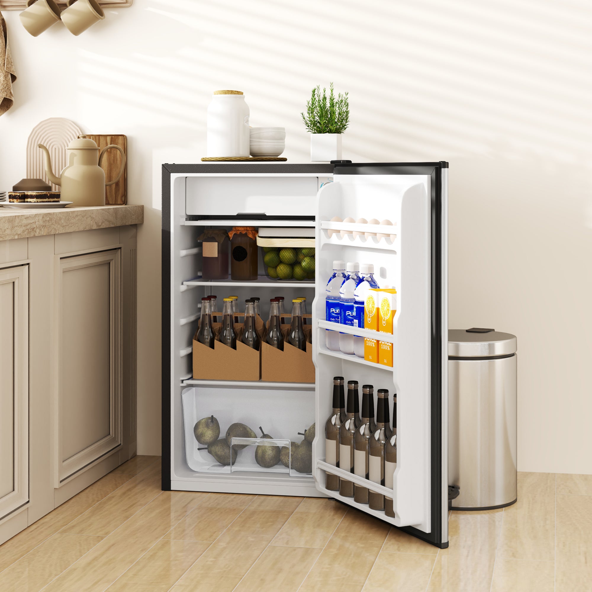 Hotels / Kitchenettes 91L Mini / Small Refrigerator with Adjustable Thermostat, Adjustable Shelves and Drawer, Silver
