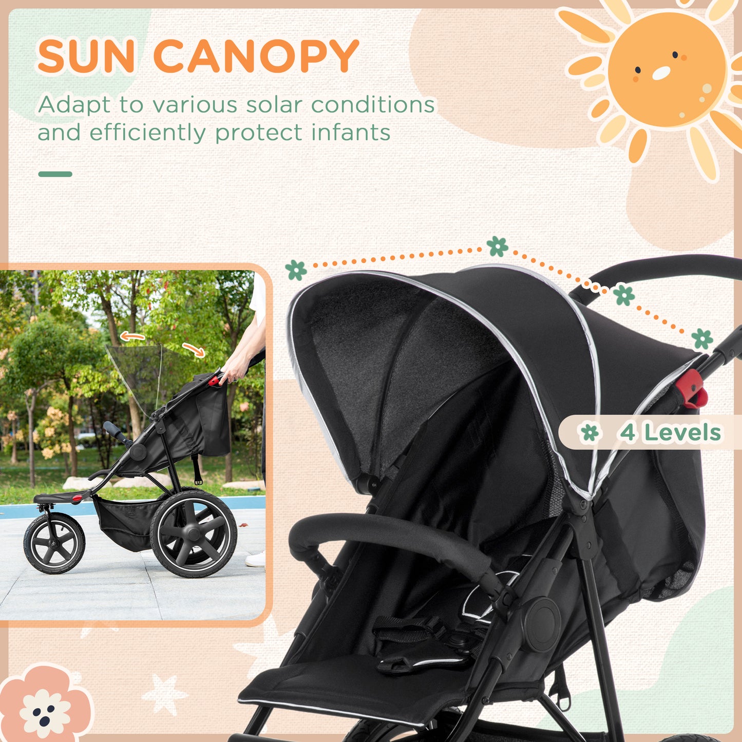 HOMCOM Foldable Stroller for Children 0-36 Months with Adjustable Roof and Storage Basket, 128x58x106 cm, Black