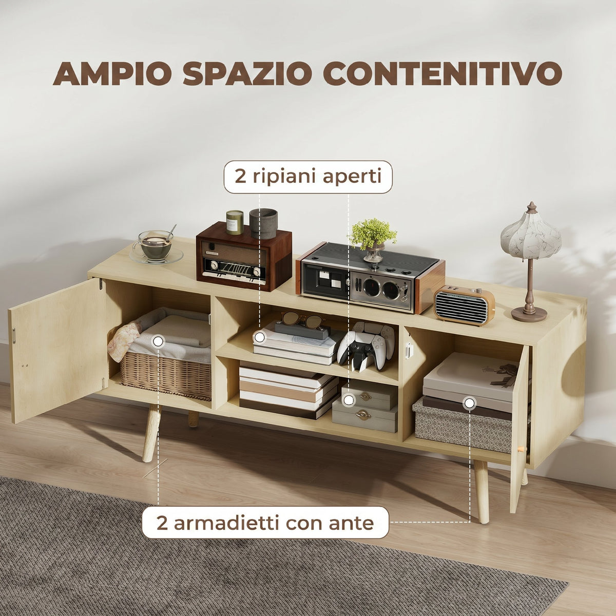 HOMCOM 55" Max TV Stand with 2 Cabinets and 2 Open Shelves, in Wood and Chipboard, 120x34x50 cm, Wood Color