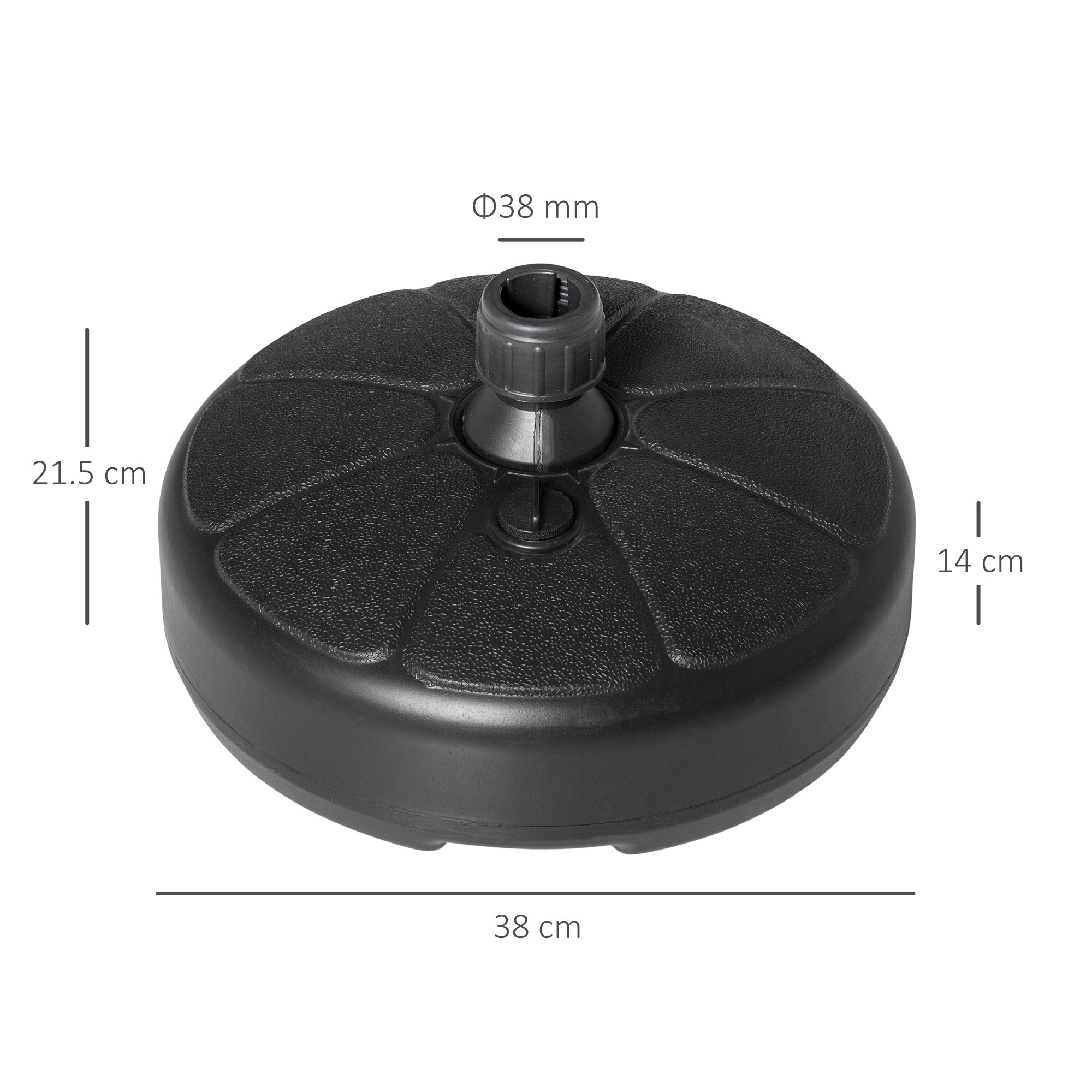 Round Umbrella Base in Plastic Fillable with Water and Sand, for 38 mm Poles, Ø38 cm, Black