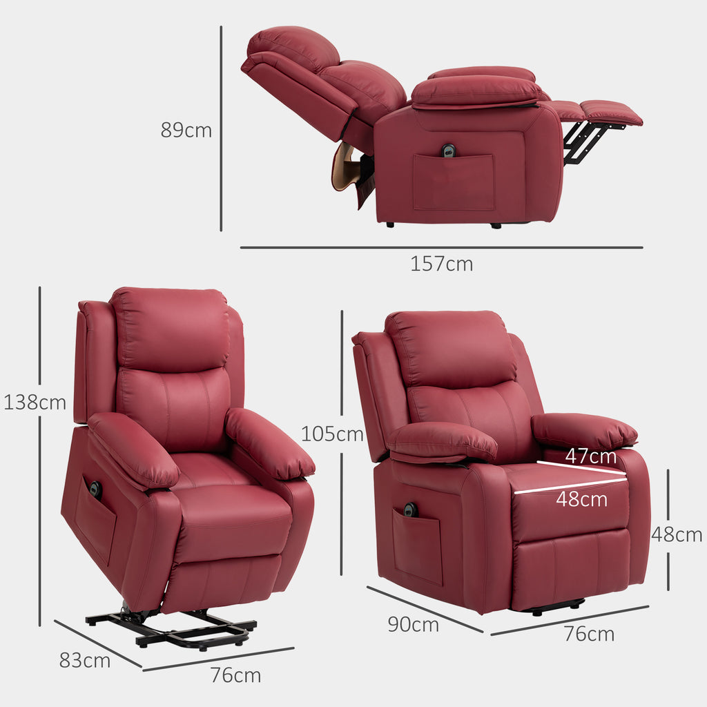 Lift Recliner Chair with Footrest and Remote Control, PU Leather, 76x90x105 cm, Red