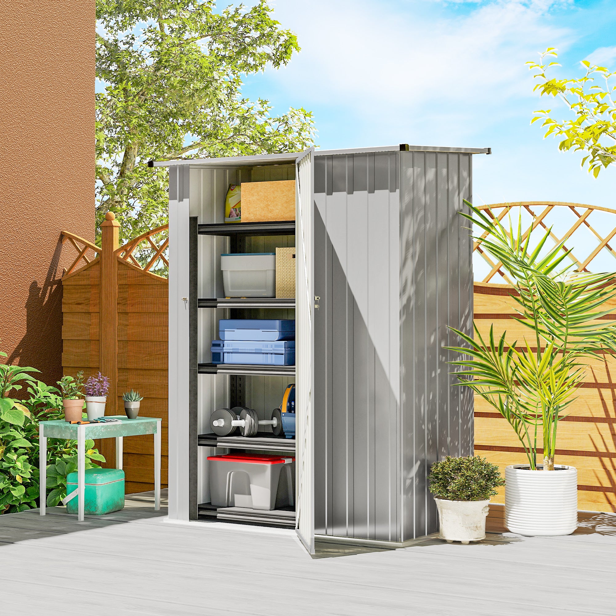 Outsunny Metal Tool Shed with Sloped Roof and Lockable Door, 142x86x189 cm, Silver