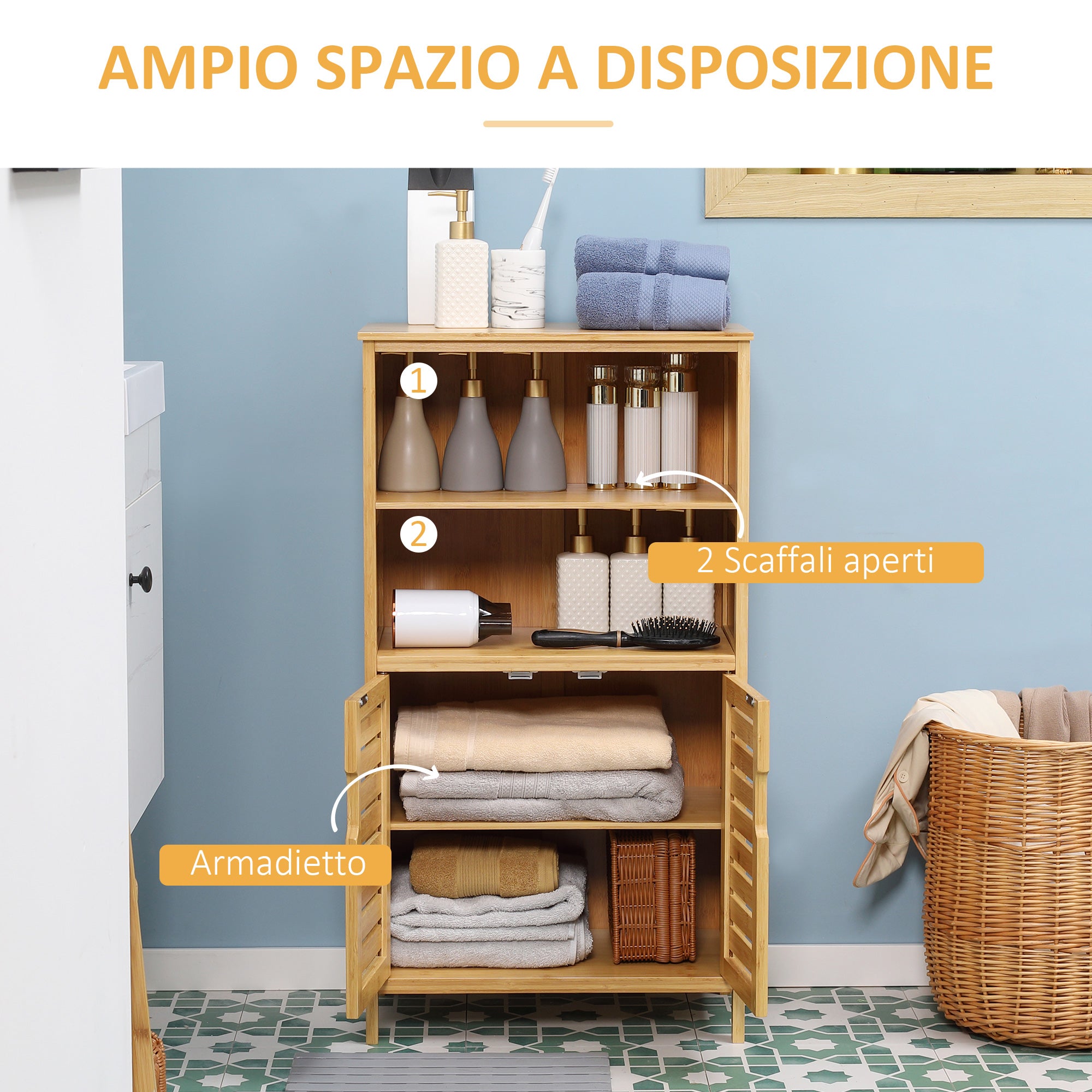 Space-Saving Wooden Bathroom Cabinet with Cupboard, 2 Doors and 2 Open Shelves, 50x29x92 cm