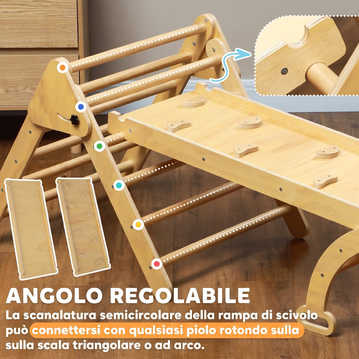 AIYAPLAY Montessori Children's Climbing Game with Triangle and Arch and Ramp with Stones, 178x64.5x63 cm, Wood Color