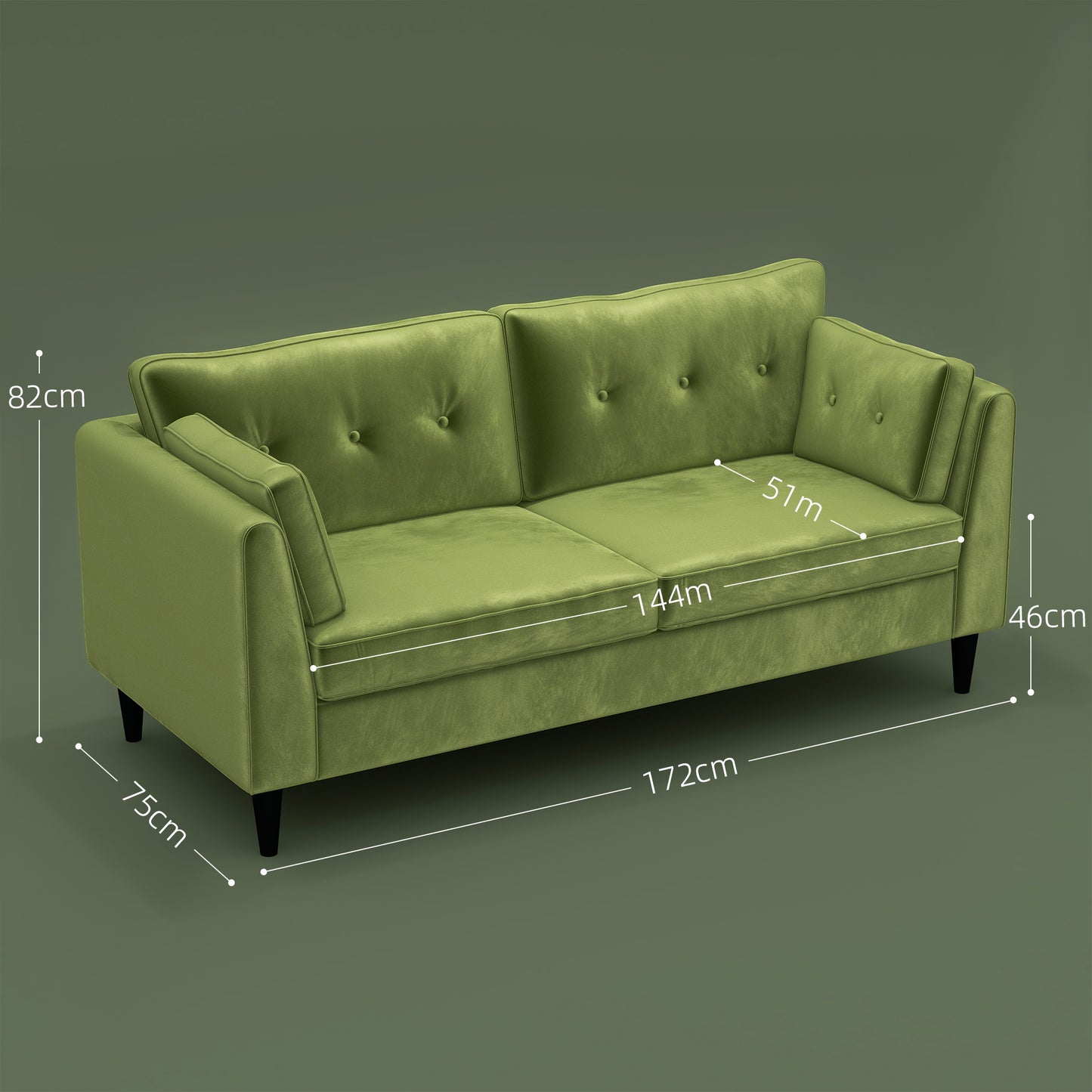 Classic 2-Seater Sofa in Velvet with Cushions and Button Quilting, 172x75x82cm, Green