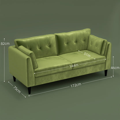 Classic 2-Seater Sofa in Velvet with Cushions and Button Quilting, 172x75x82cm, Green