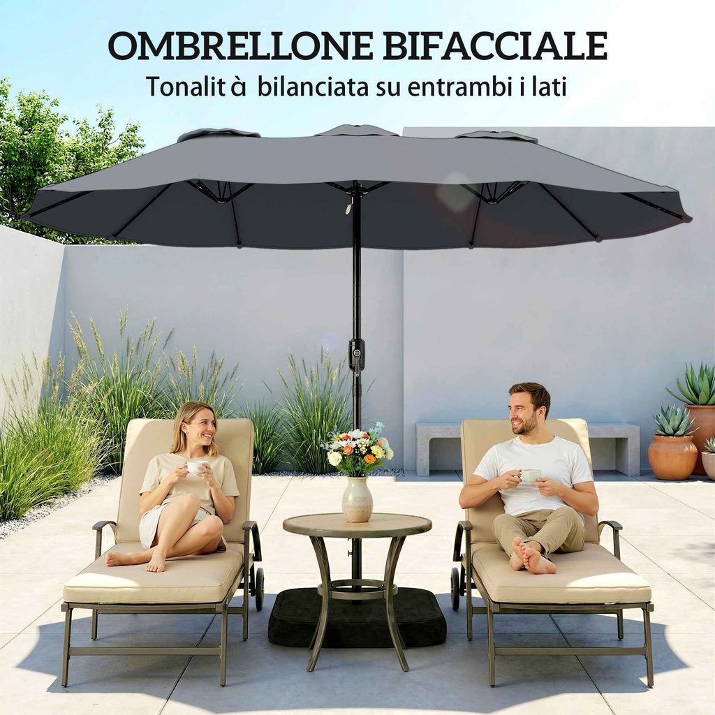 Outsunny 12-Ribbed Double Umbrella with Crank Handle, Cross Base and Bags, in Metal and Polyester, 3x1.5 m, Dark Grey