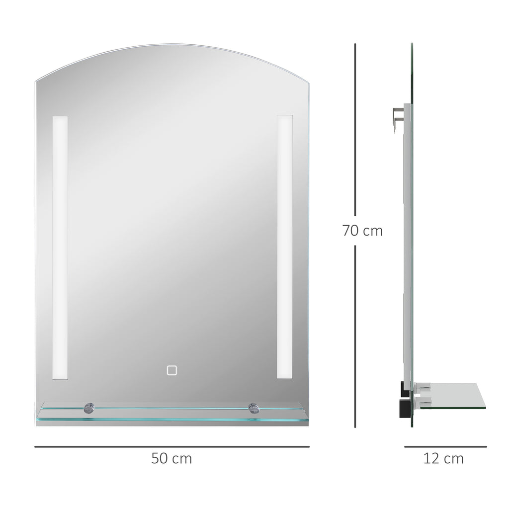Bathroom Mirror with 3-Color Adjustable LED Light and Glass Shelf, 50x12x70 cm, Silver