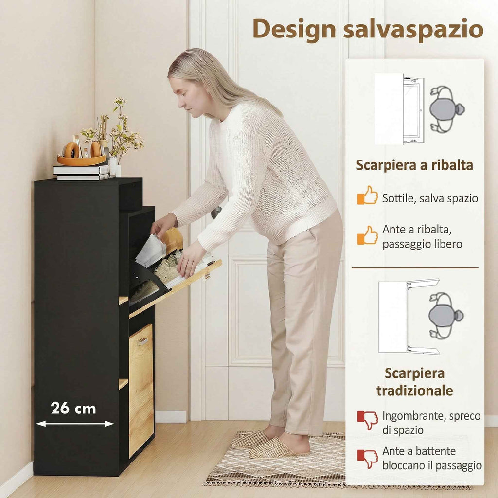 HOMCOM Shoe Cabinet: 2 Flap Drawers, Shelves, Black and Natural Wood.