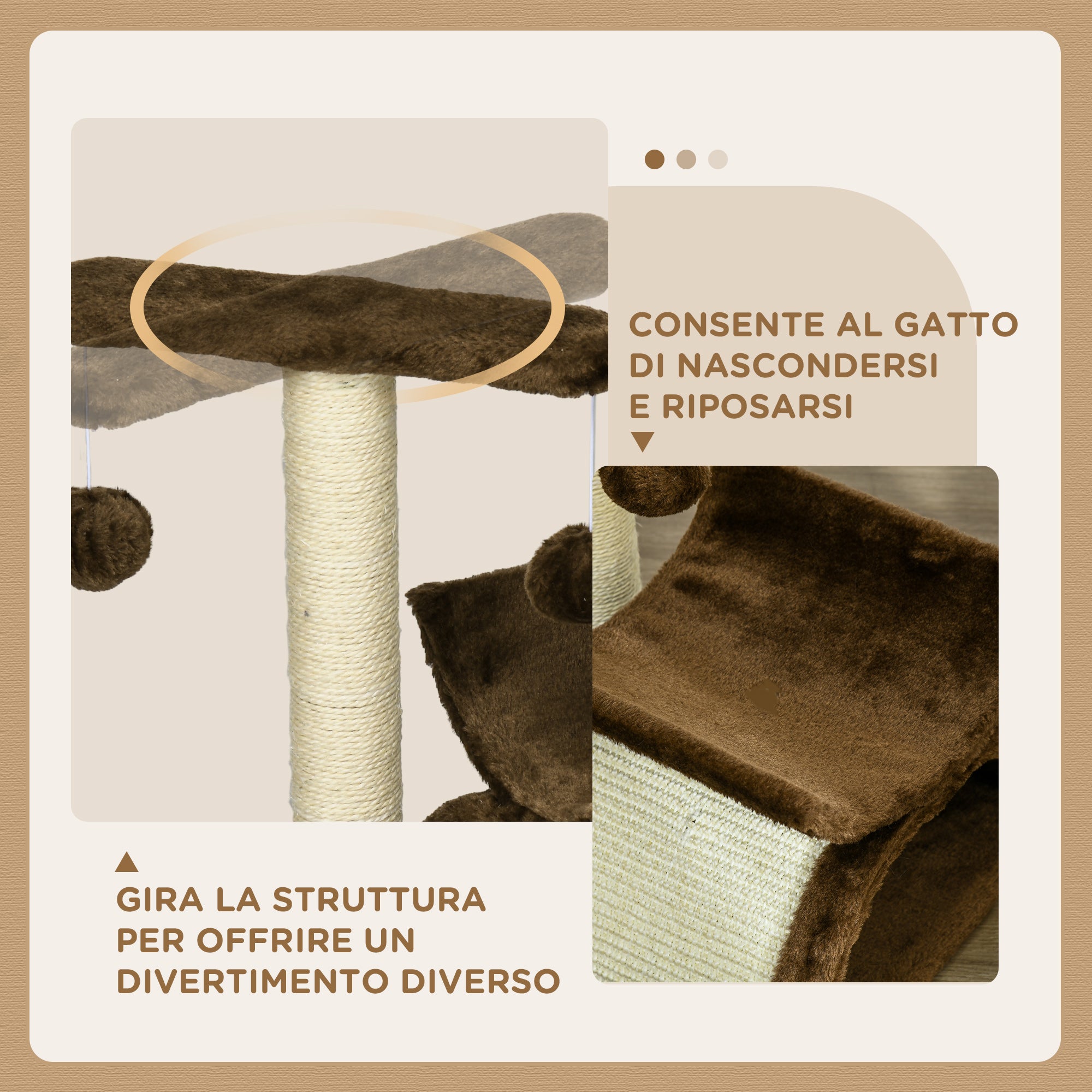 Cat Scratching Post, Cat Tree, Cat Toy, with Bed, 2 Hanging Balls in Natural Sisal, Height 43cm