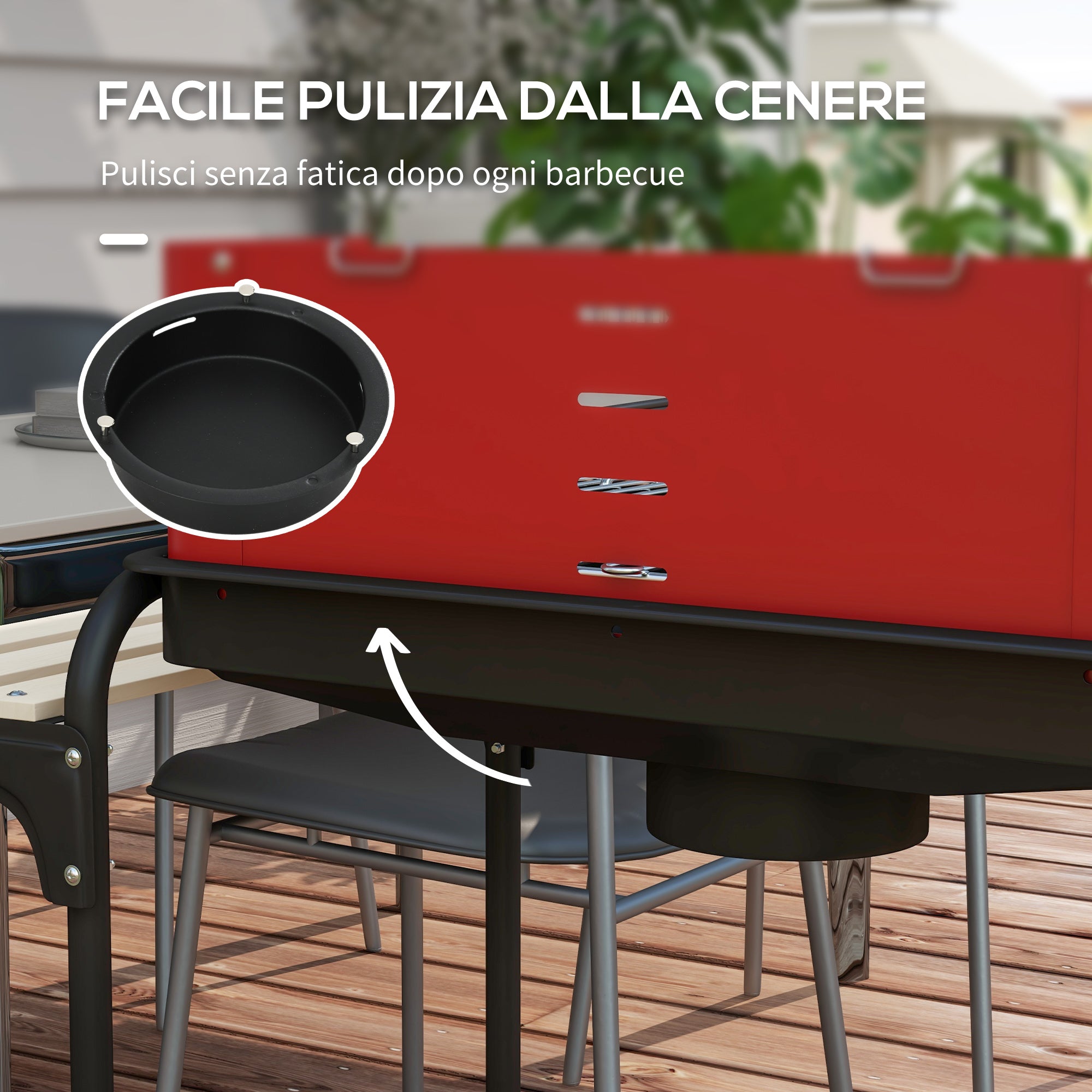 Charcoal Barbecue with Adjustable Grill and 3 Wooden Metal Shelves, 103x47x95 cm, Red