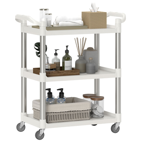 3-Tier Food Trolley in PP and Aluminum Alloy, 88x44x93 cm, White and Silver